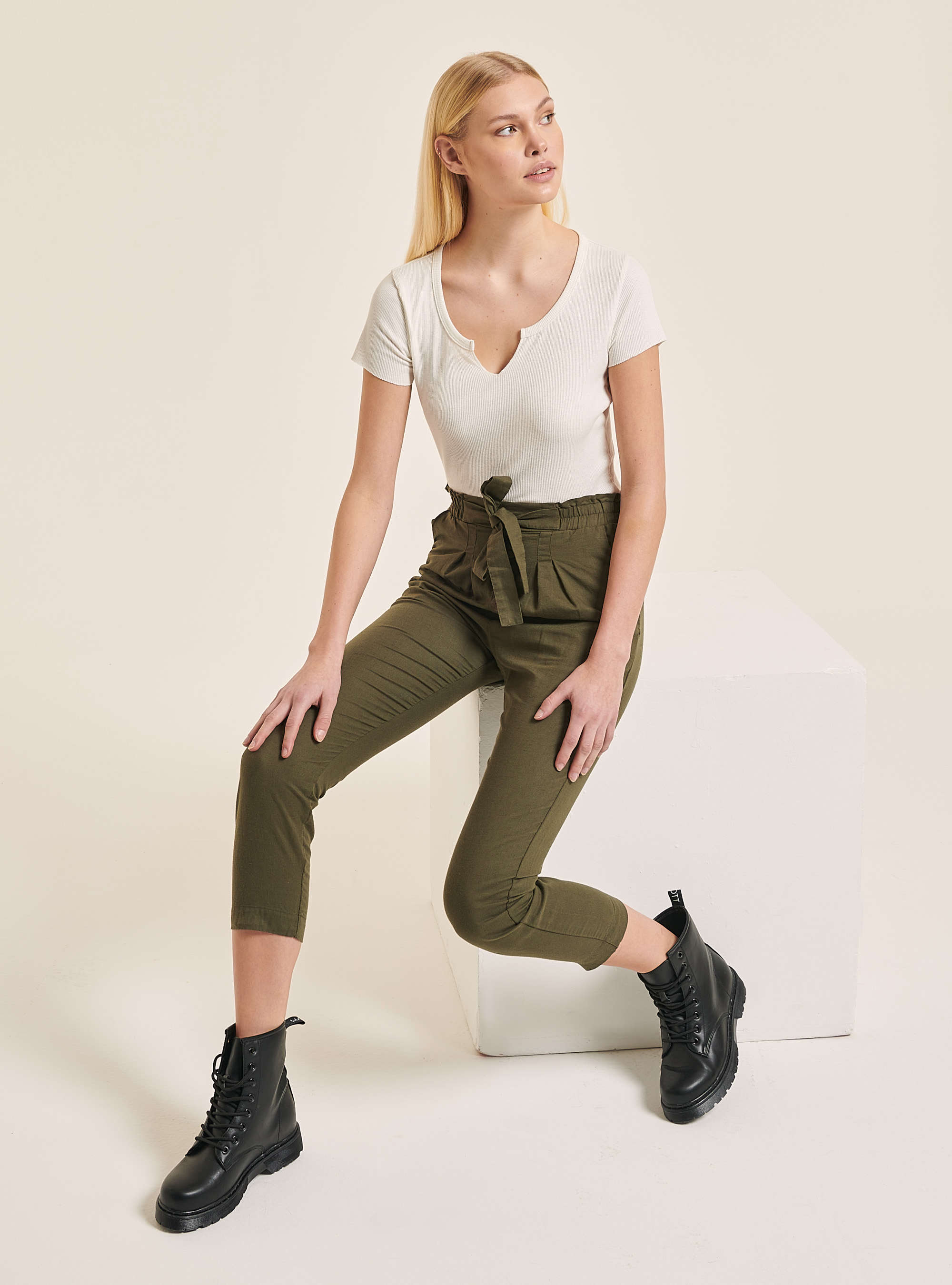 Pantaloni paperbag in misto lino, KAKI