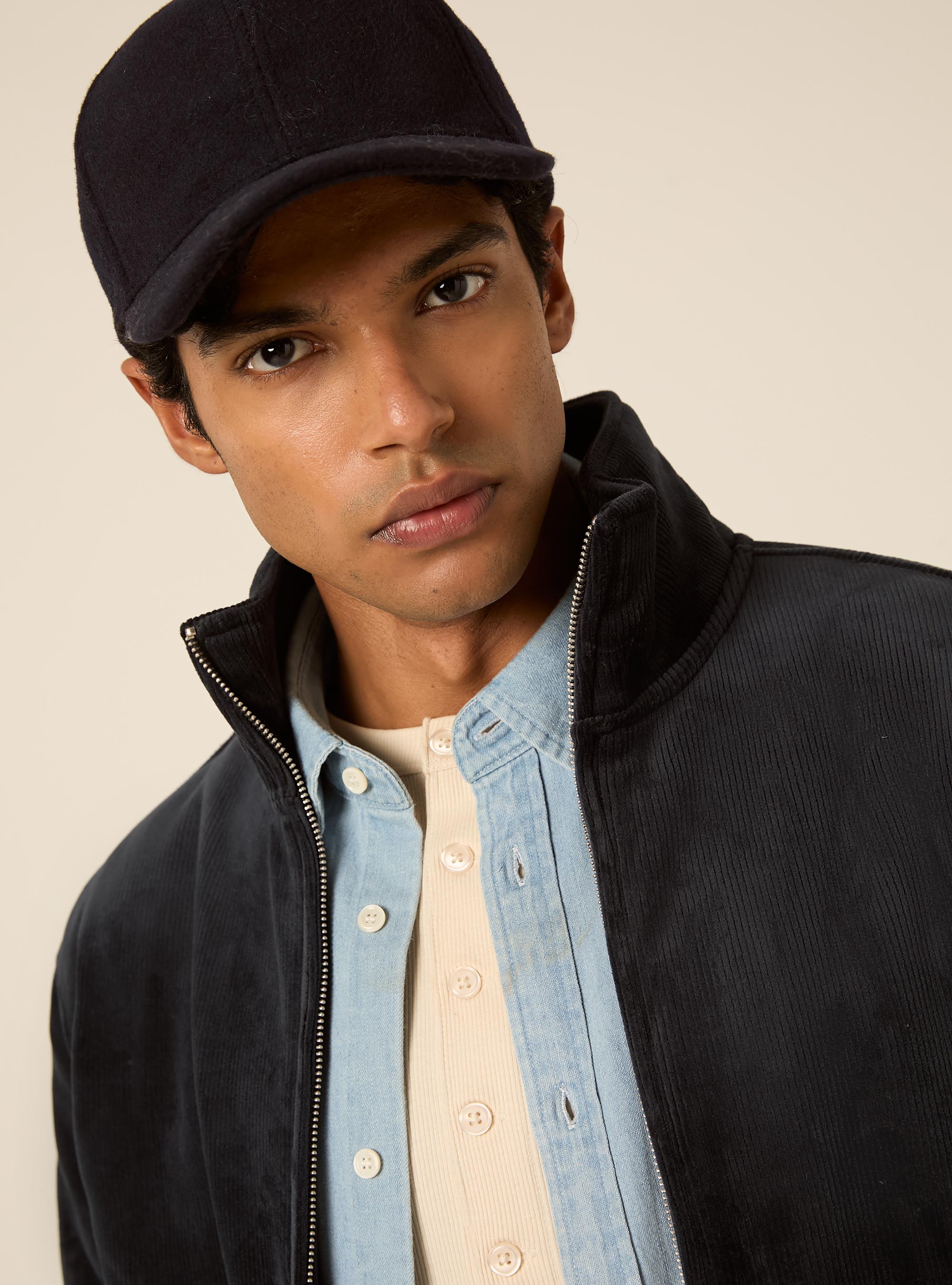 Zip up corduroy cardigan with high neck, NA2 NAVY MEDIUM