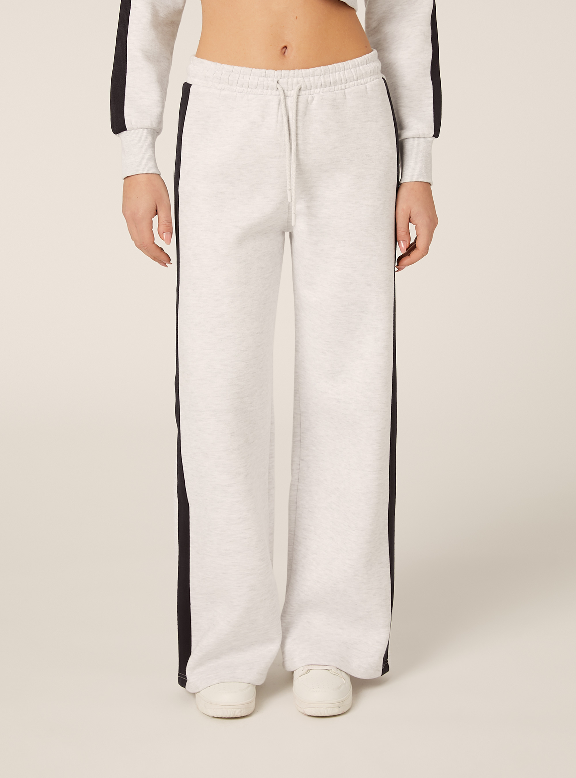 Pantaloni wide leg con bande laterali, MGY3 GREY MEL LIGHT