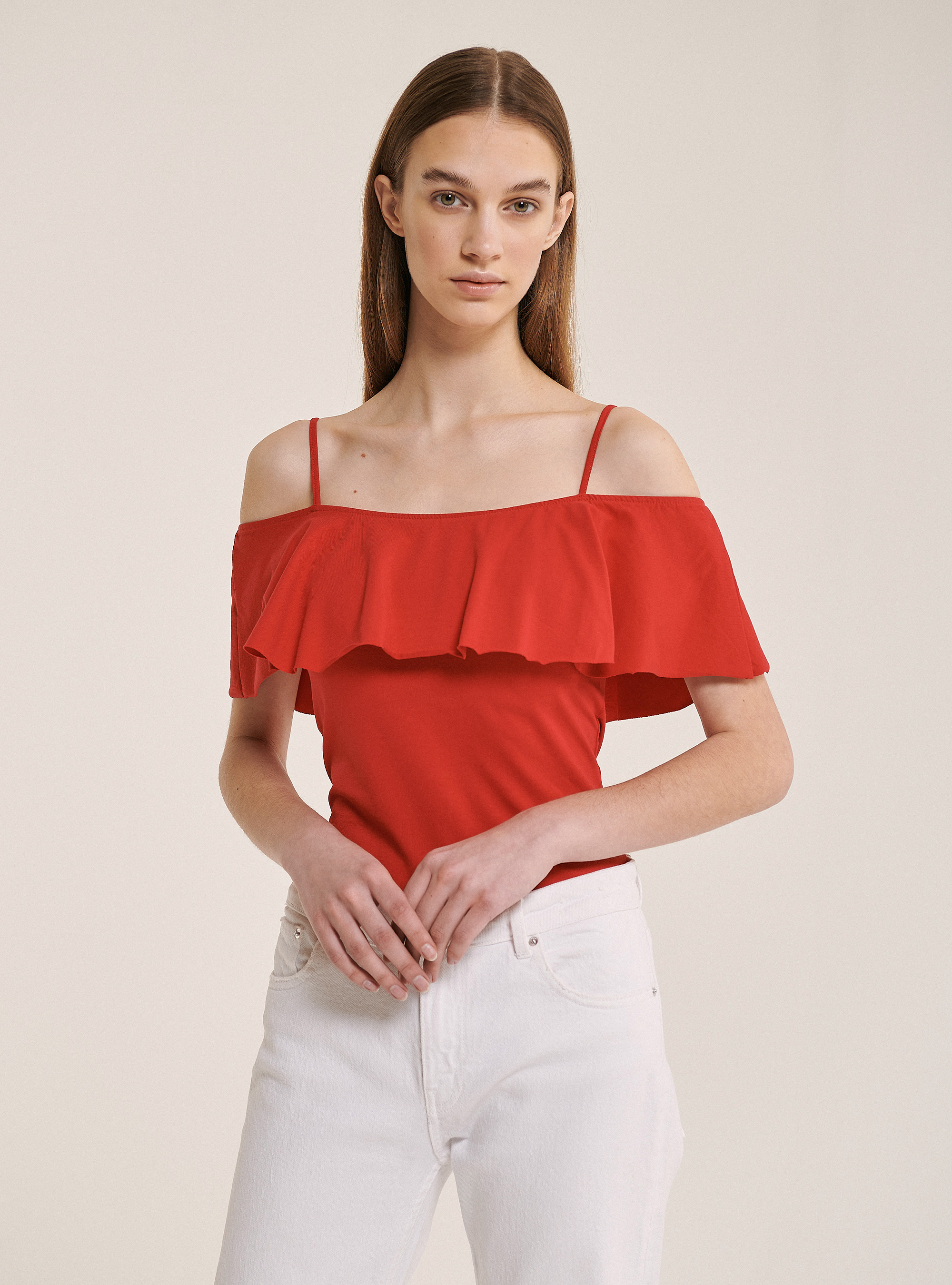 Cotton bodysuit with ruffles, C3376 RED