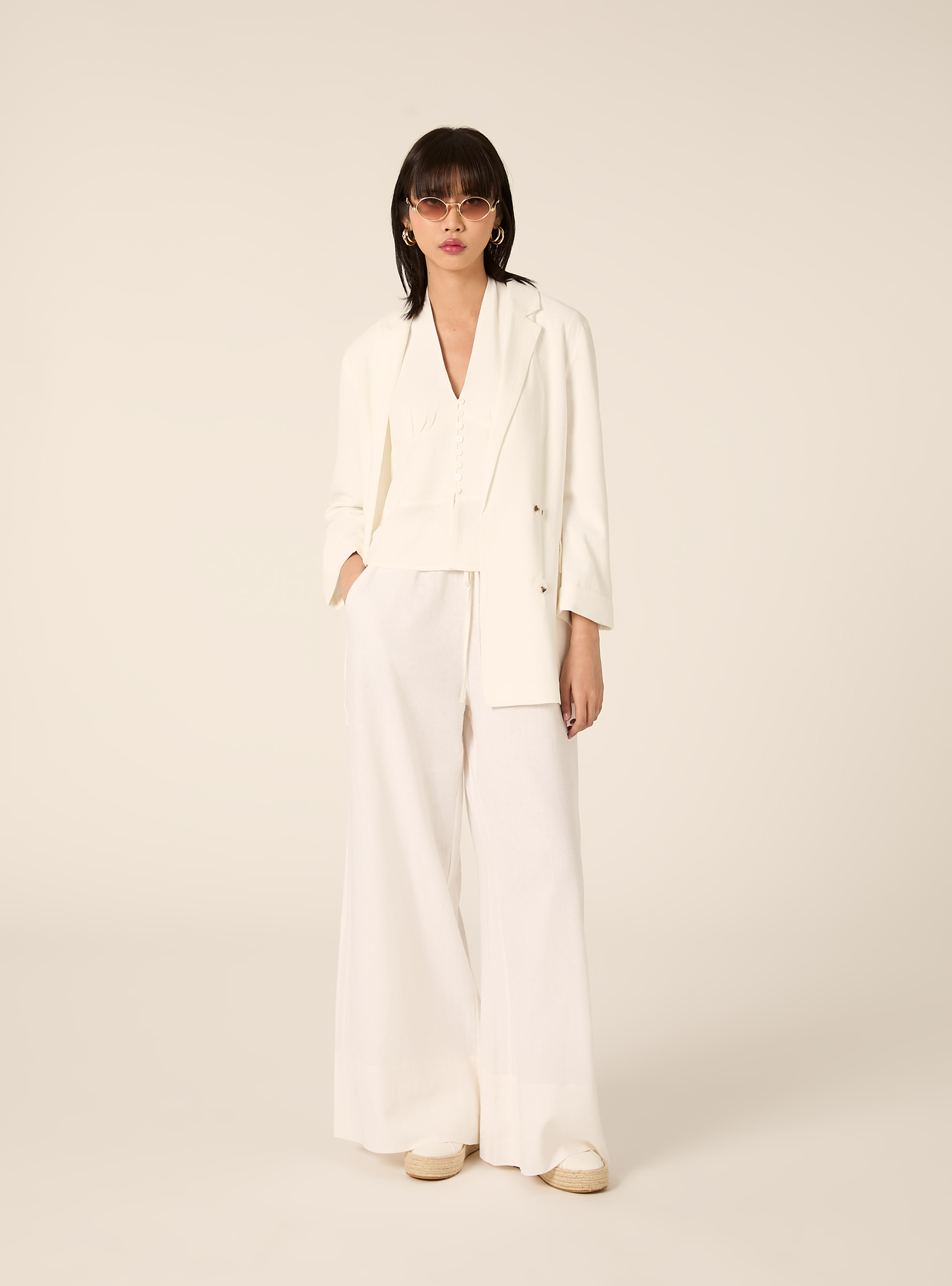 Blazer doppiopetto in misto lino, WH2 WHITE