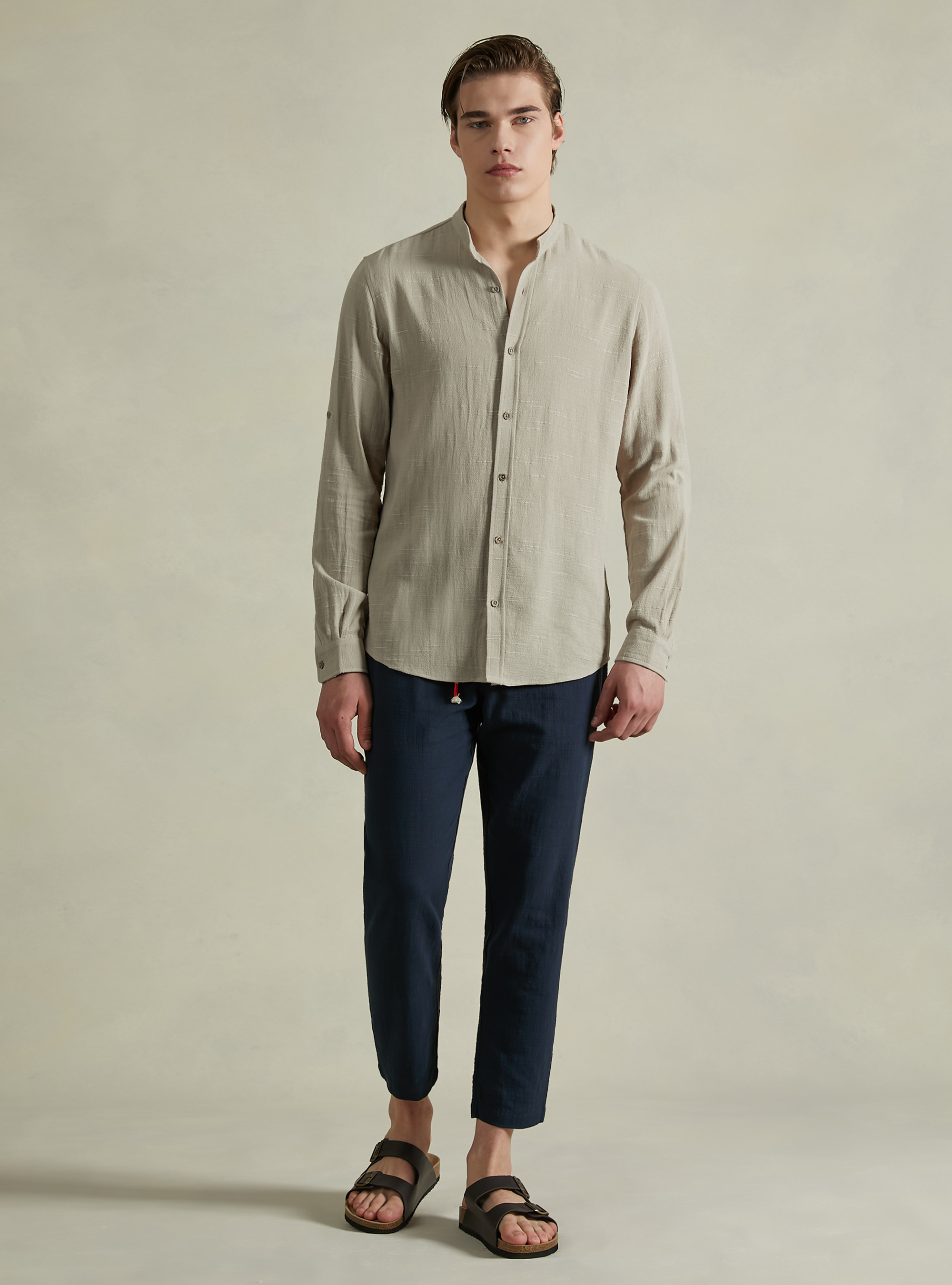 Linen blend shirt with Korean collar, BG2 BEIGE MEDIUM