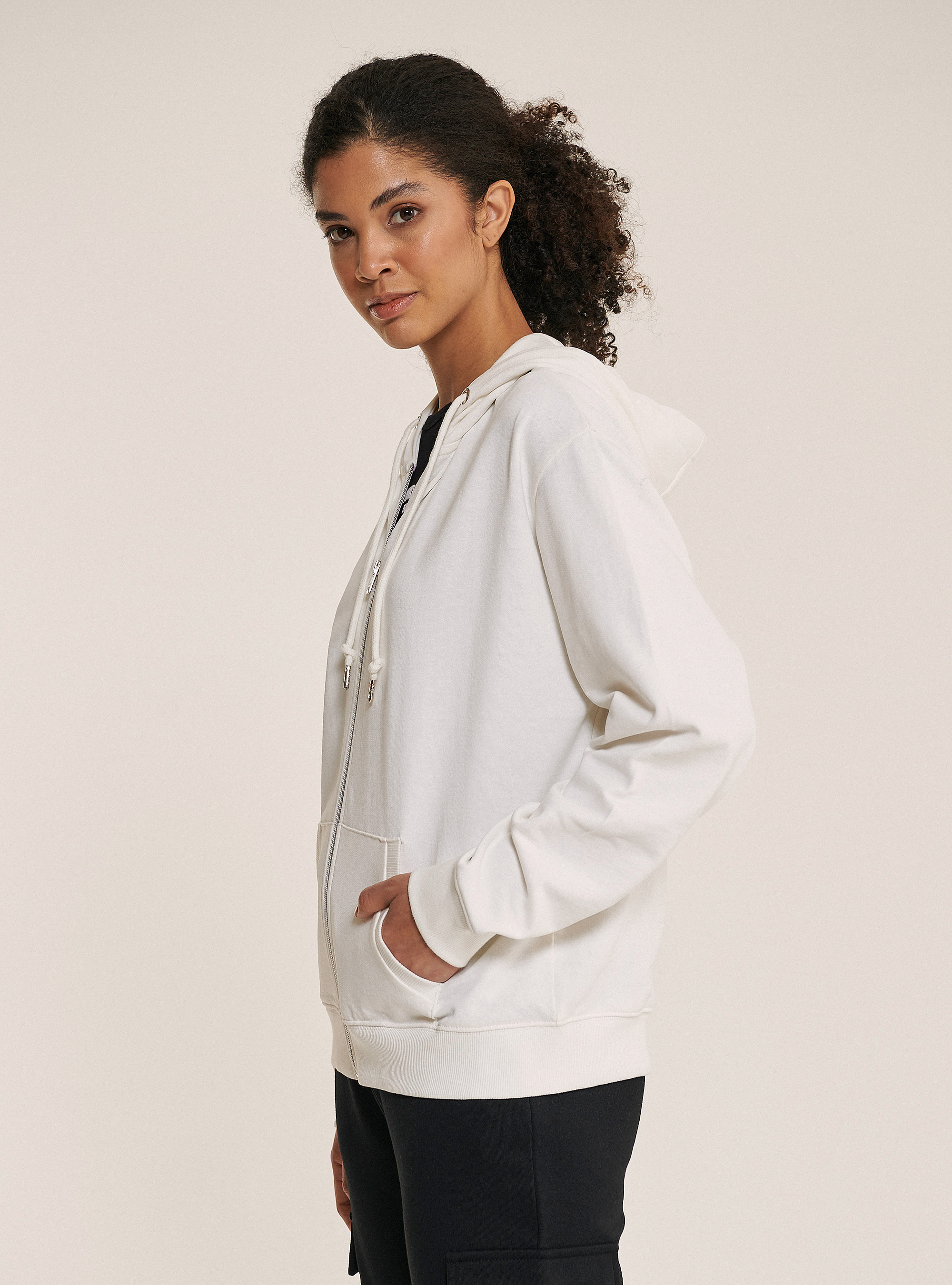 Felpa Basic Con Zip E Cappuccio In Cotone