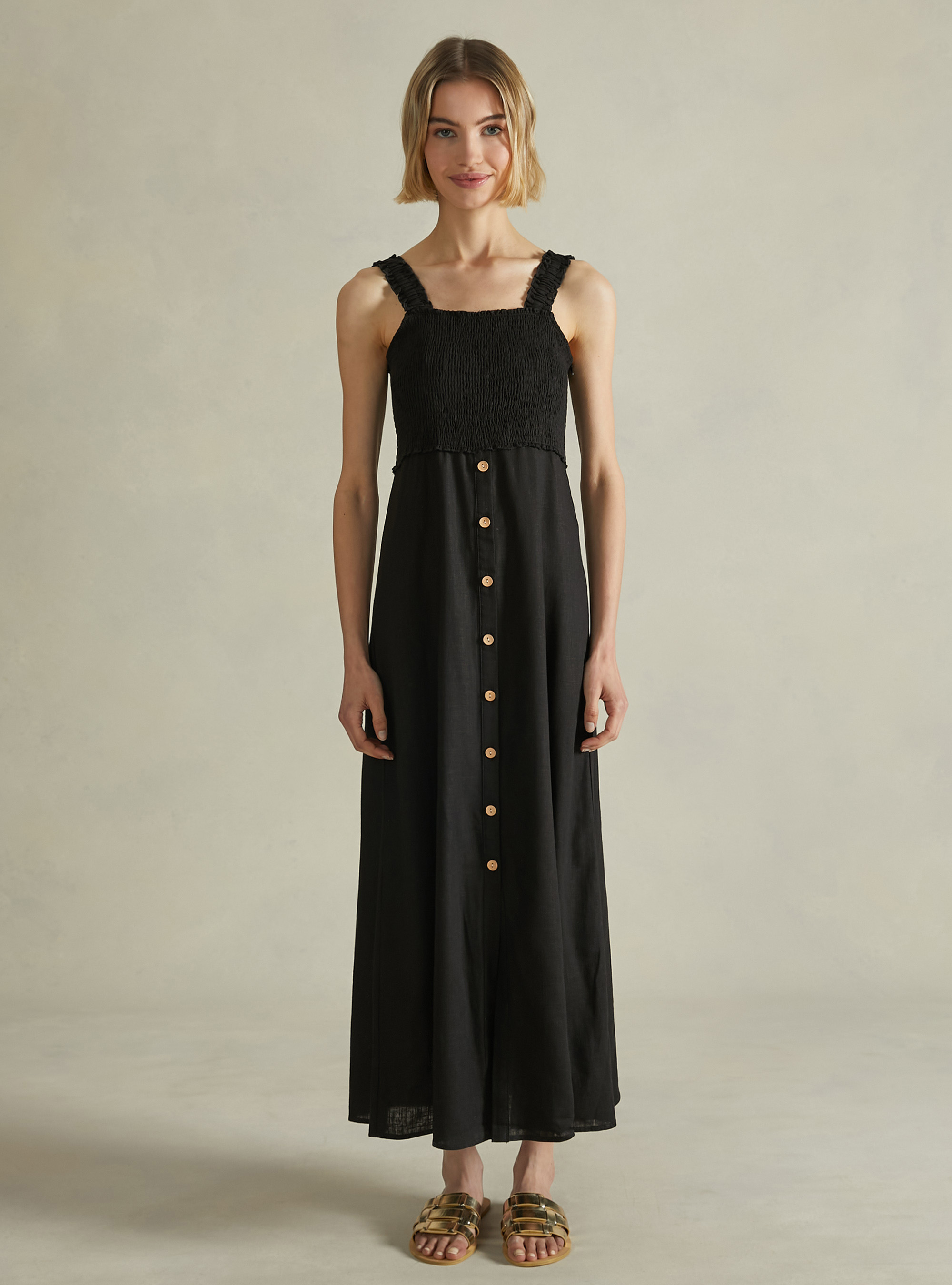 Linen blend midi dress, BK1 BLACK