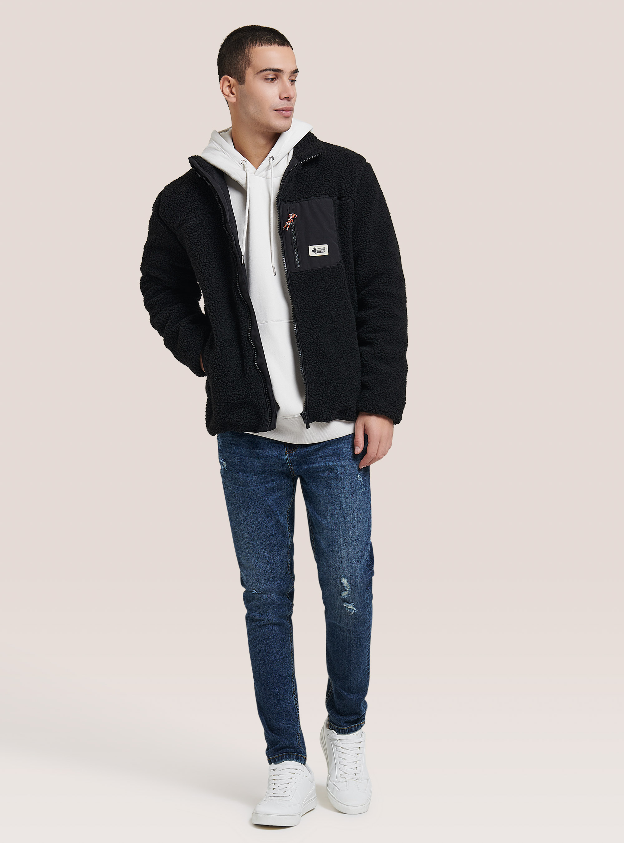 Patchwork teddy jacket, BLACK