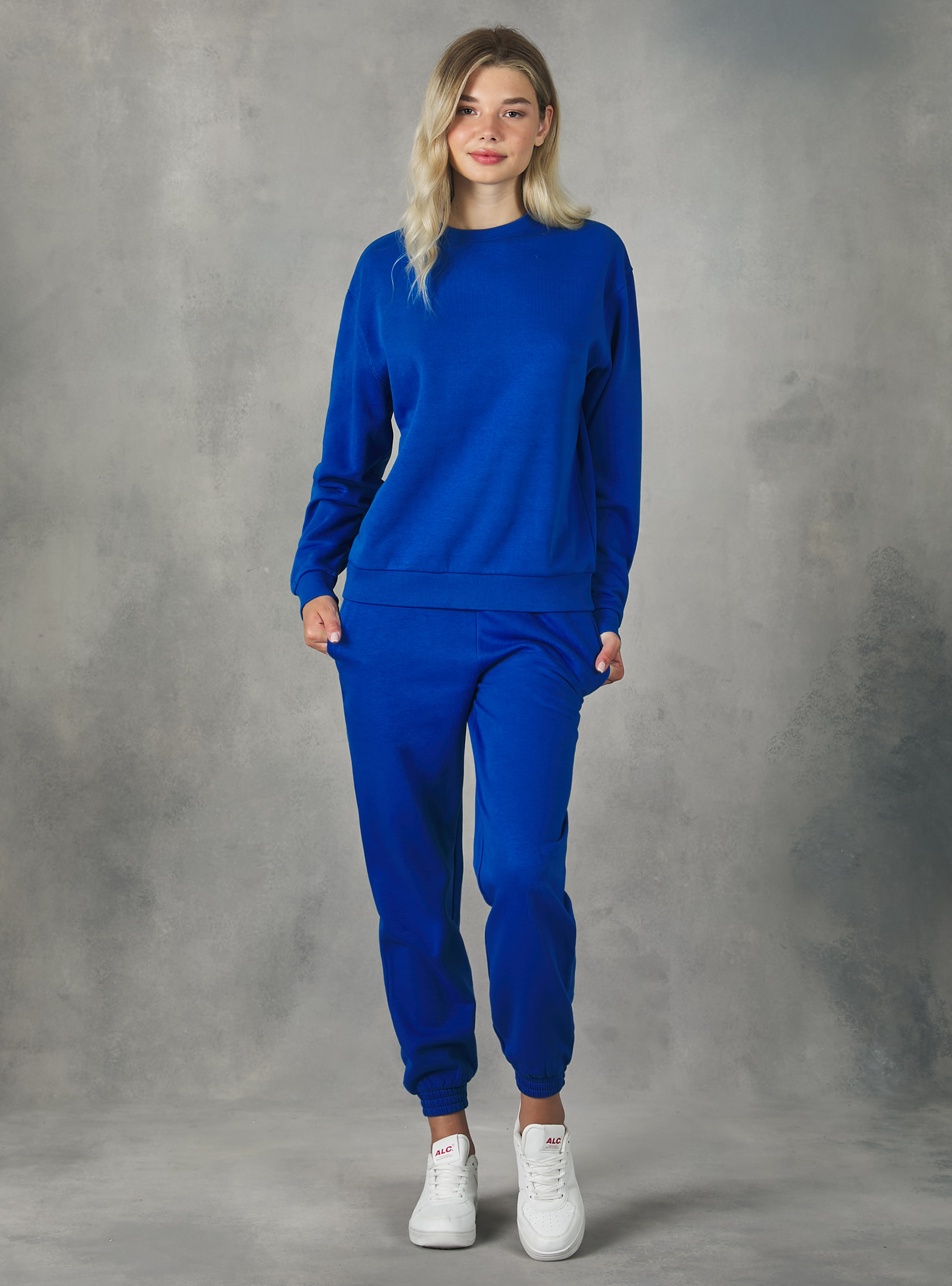 Sudadera de algodón liso con cuello redondo, RY2 ROYALE MEDIUM