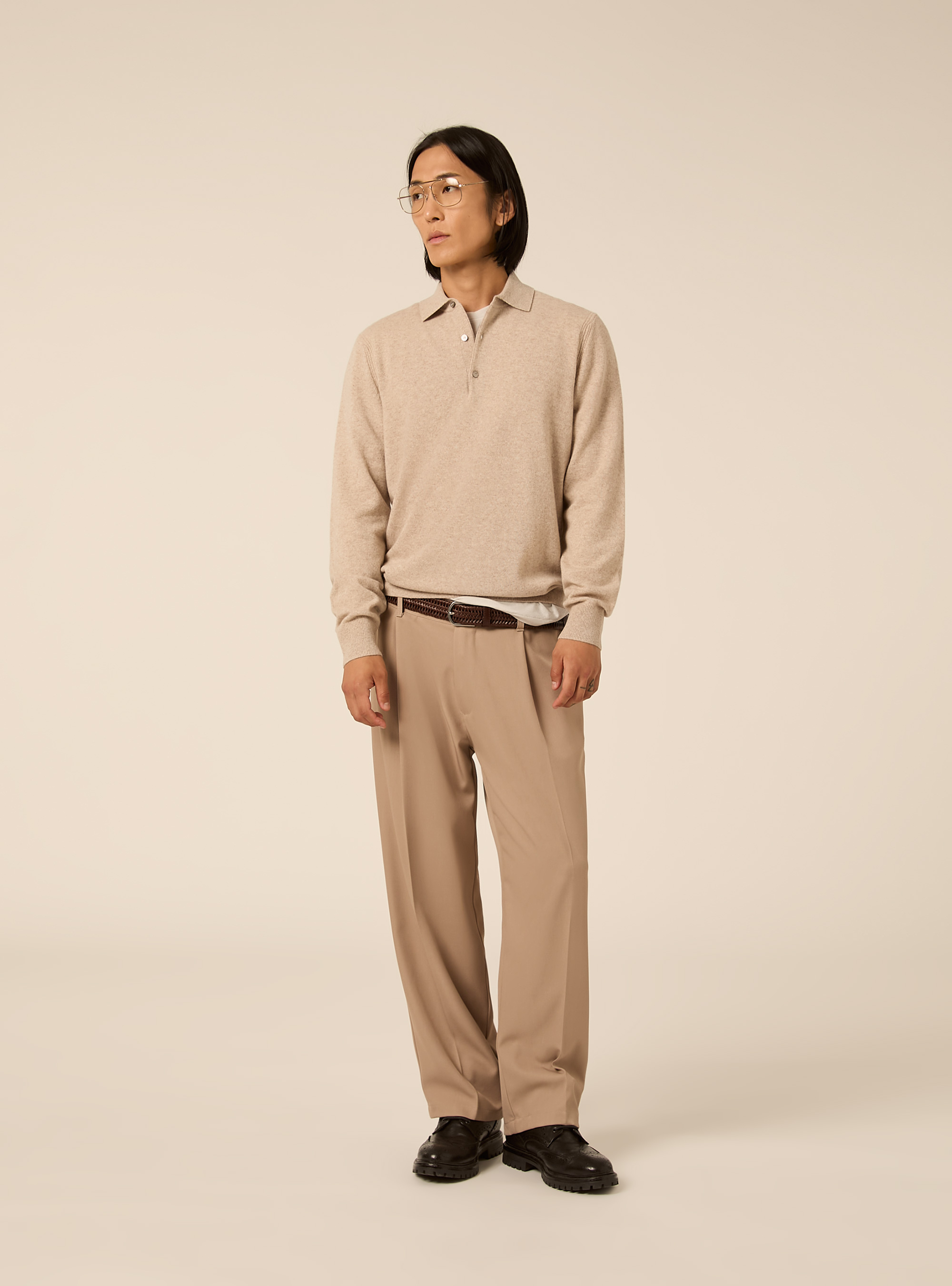 Langaermliges poloshirt aus wolle und kaschmirmischung, MBG3 BEIGE MEL LIGHT