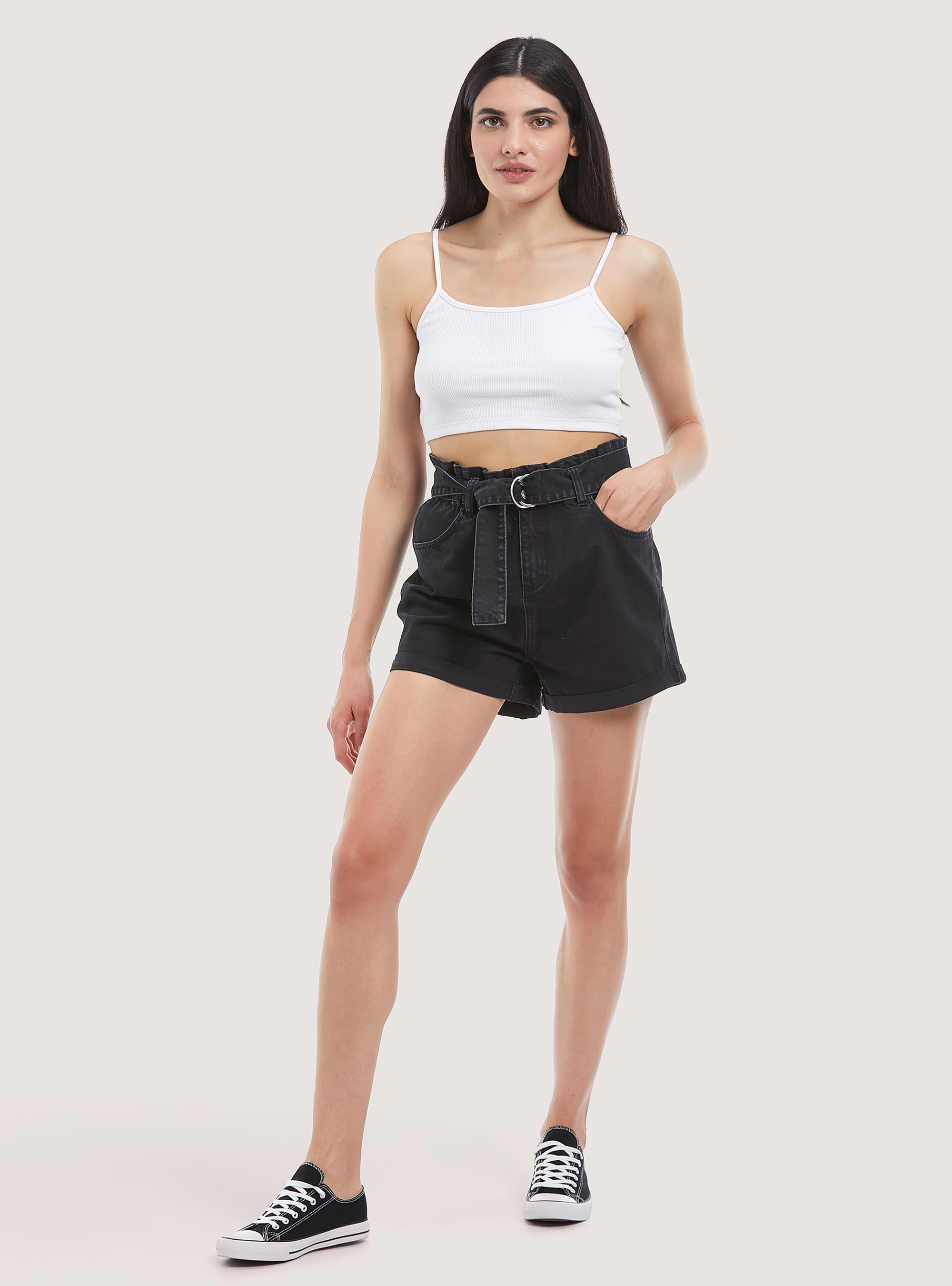 Denim shorts with strap, D000 BLACK
