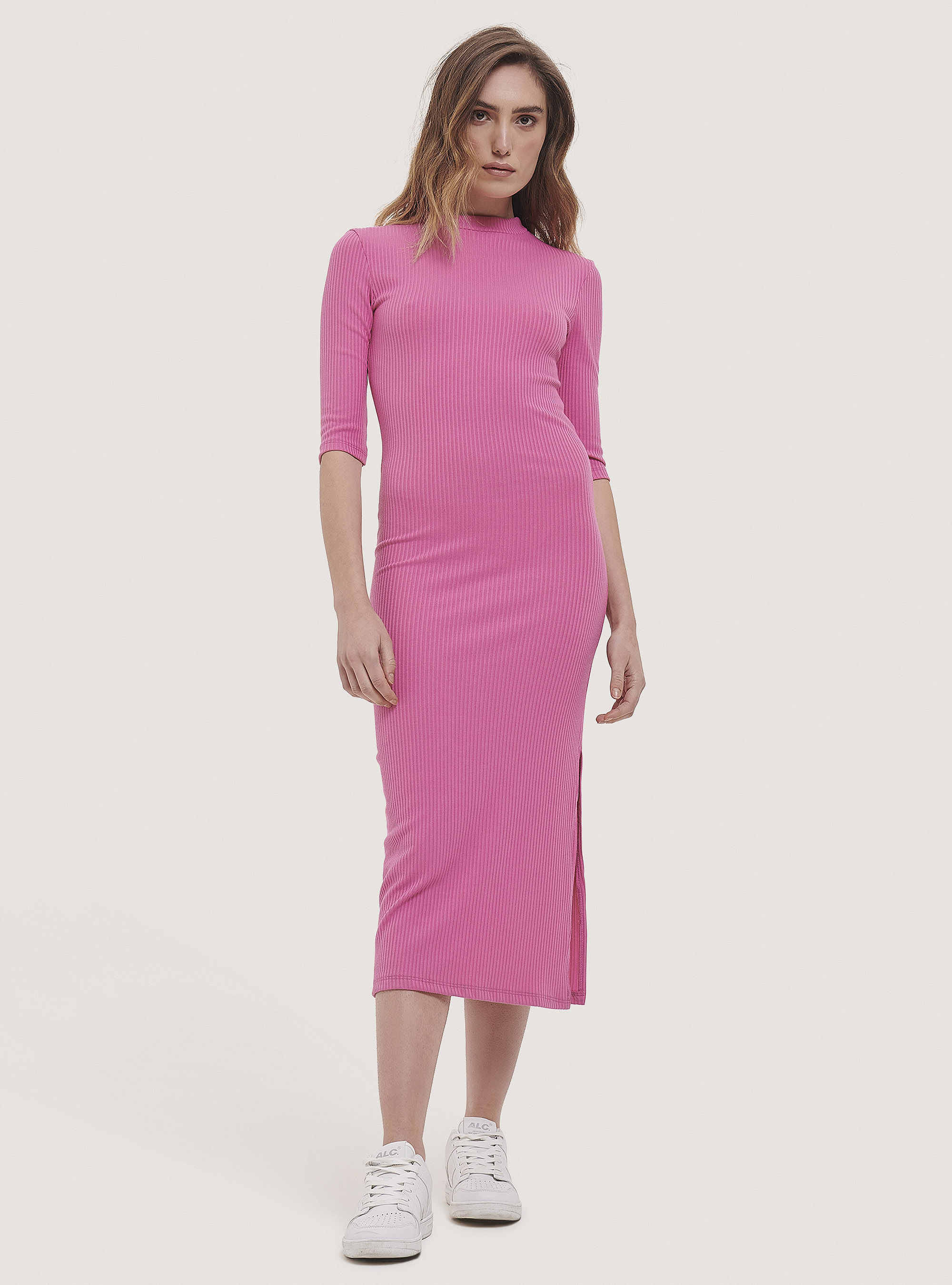 Robe midi cotel&eacute;e avec fente lat&eacute;rale, C4430 FUXIA