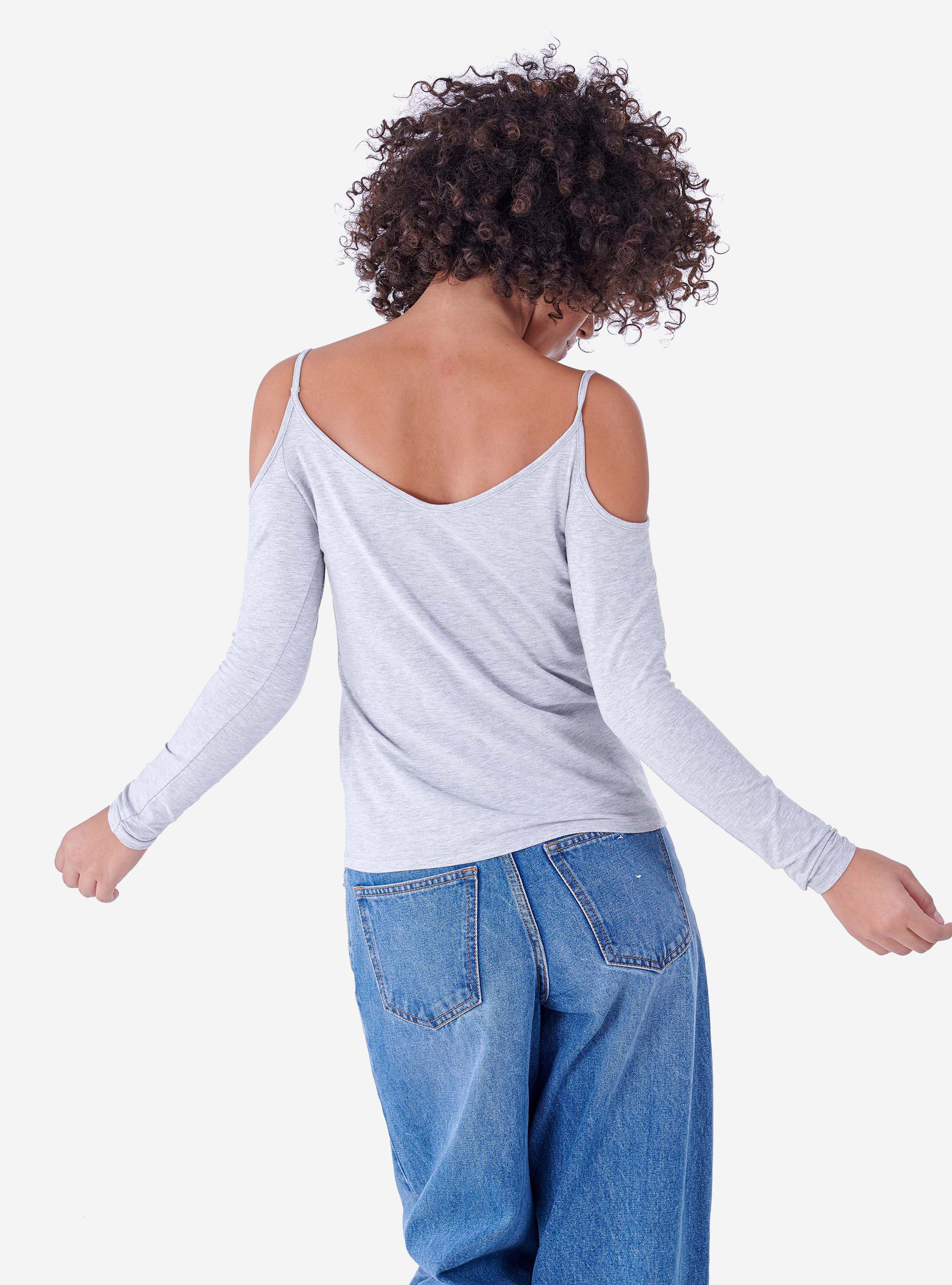 V-NECK SWEATER AND UNCOVERED SHOULDERS, LIGHT GREY MELANGE