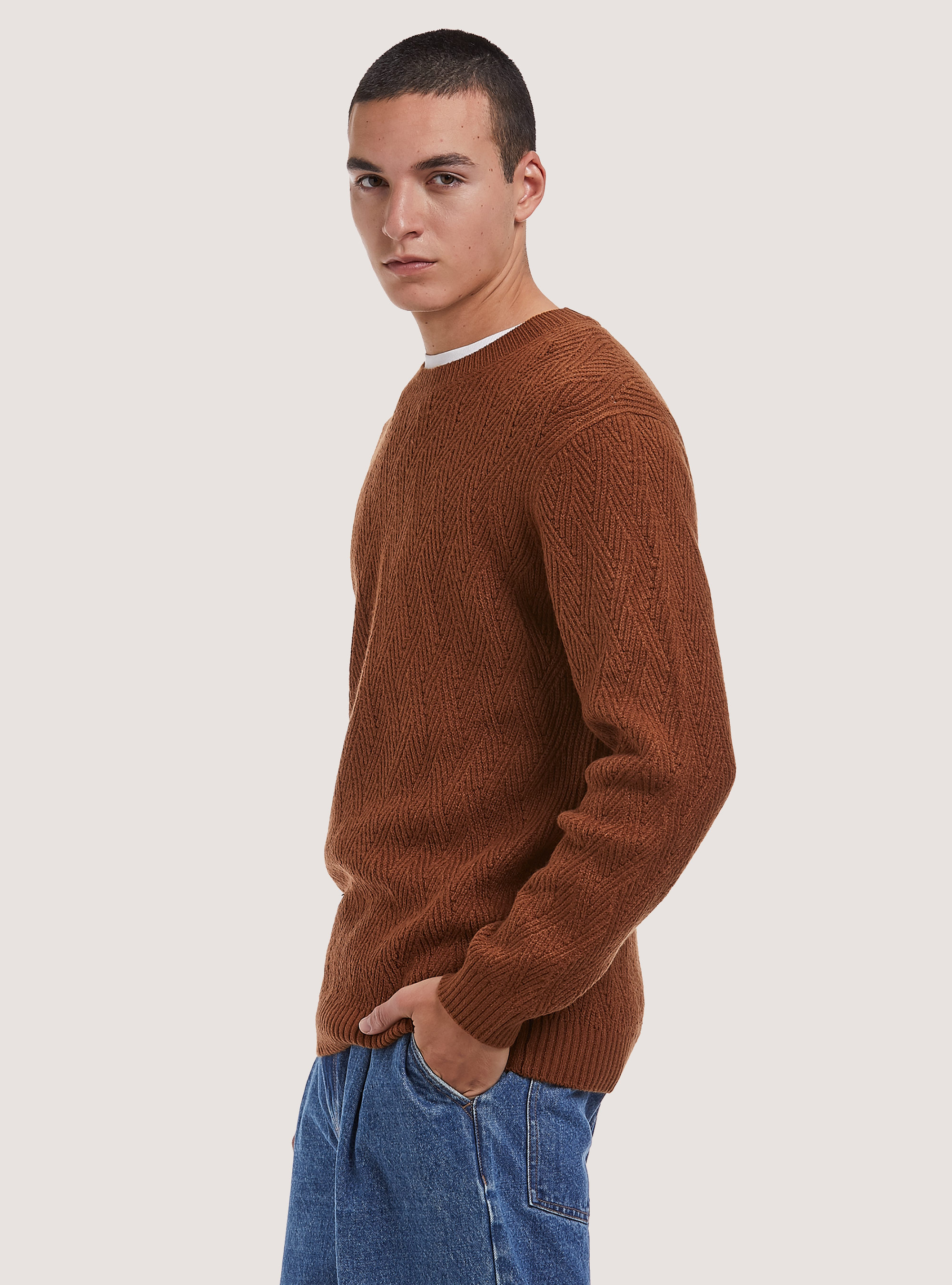 Soft pullover with geometric texture, TB1 TOBACCO DARK