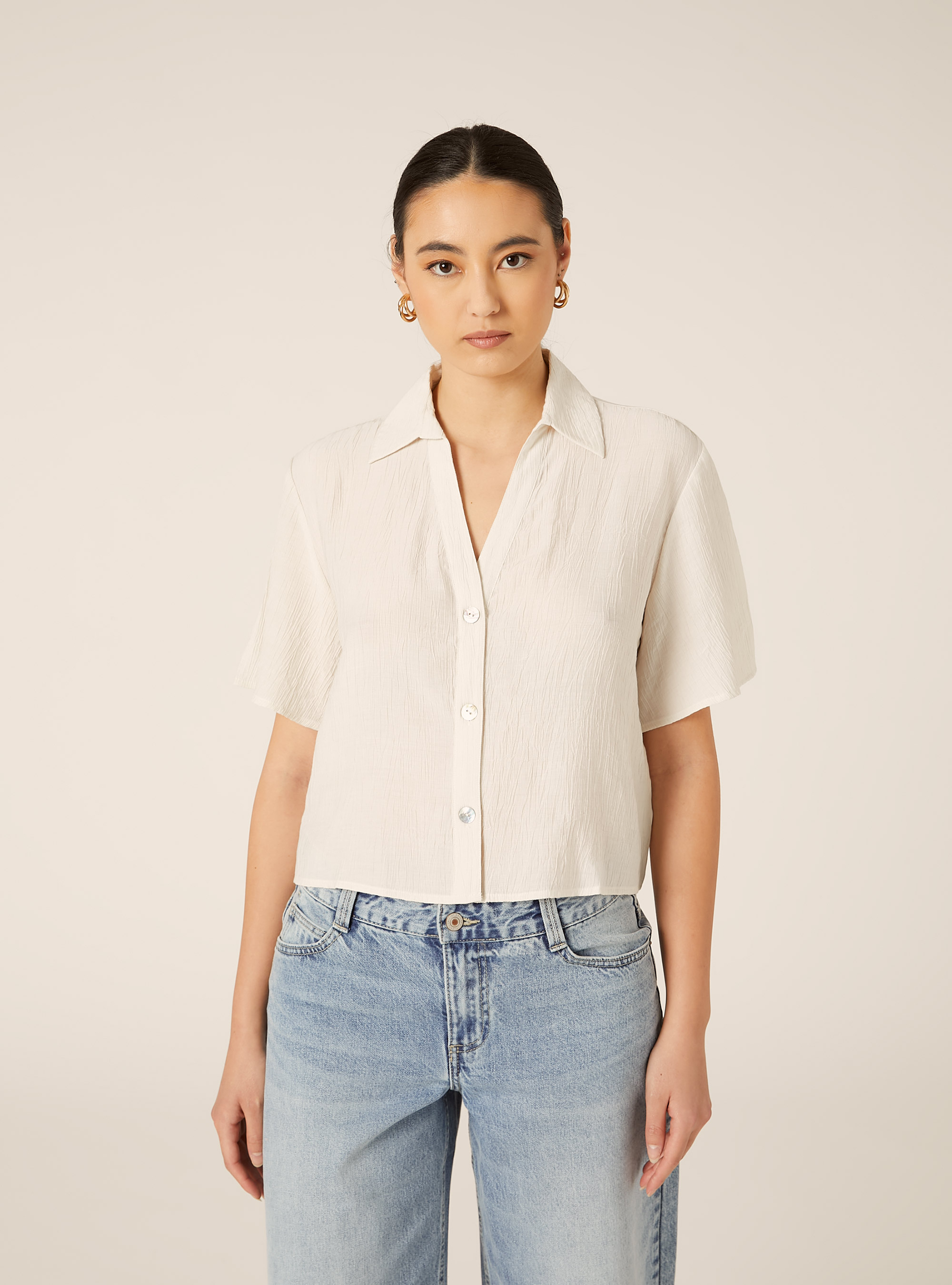 Camicia maniche corte in crepe, WH2 WHITE
