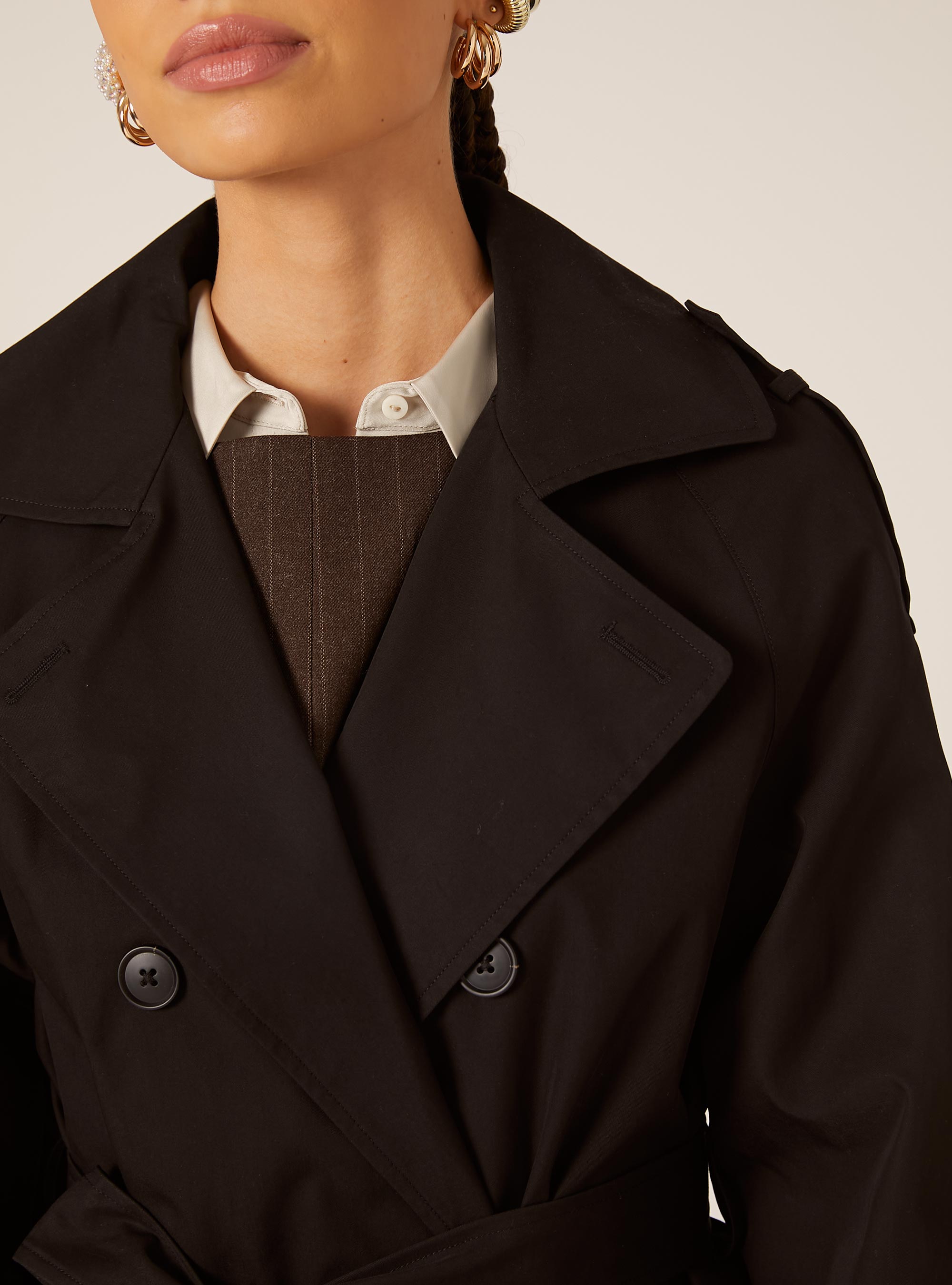 Long trench coat with belt, BK1 BLACK