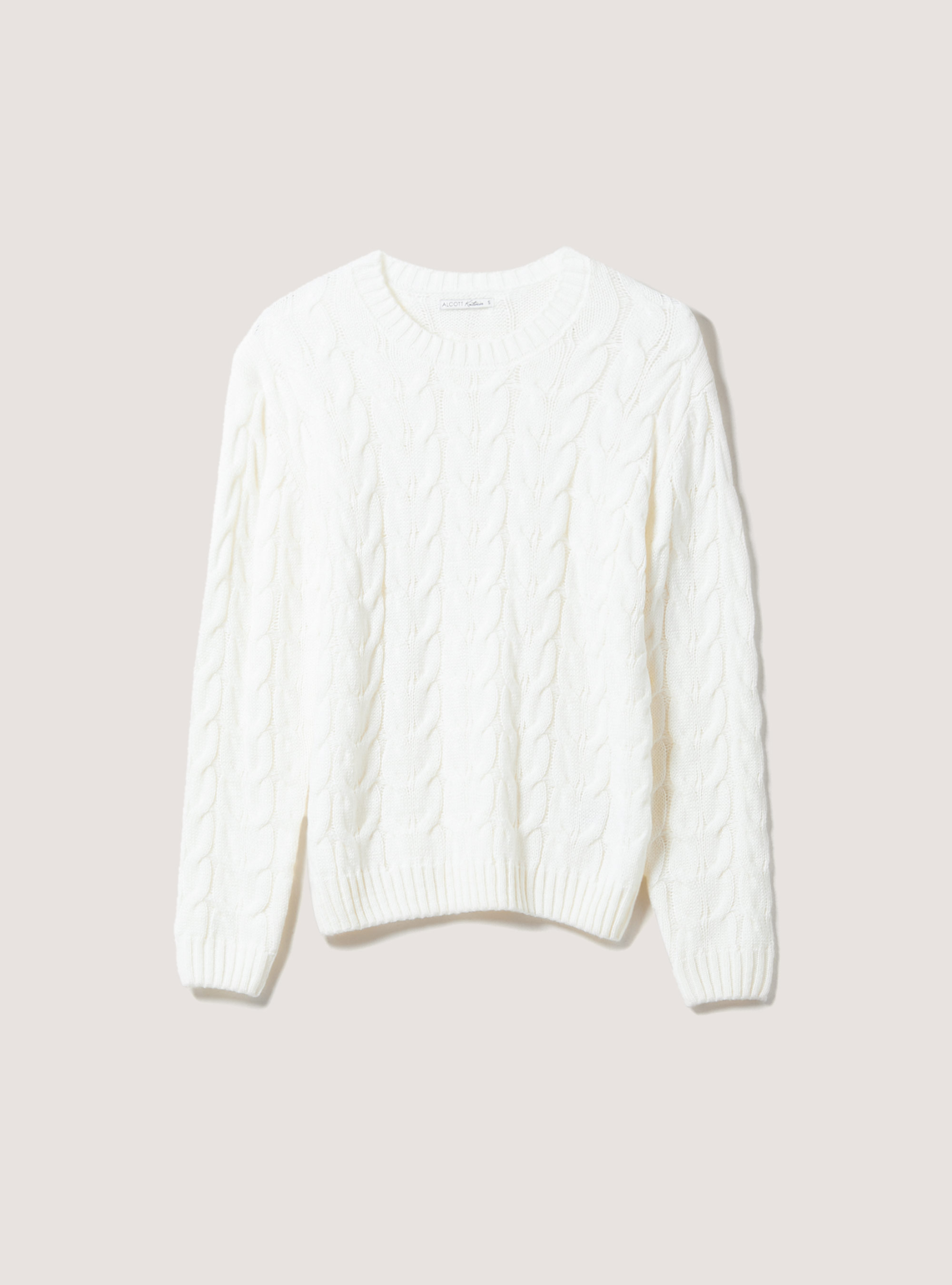 Pullover in misto lana con trecce, WHITE