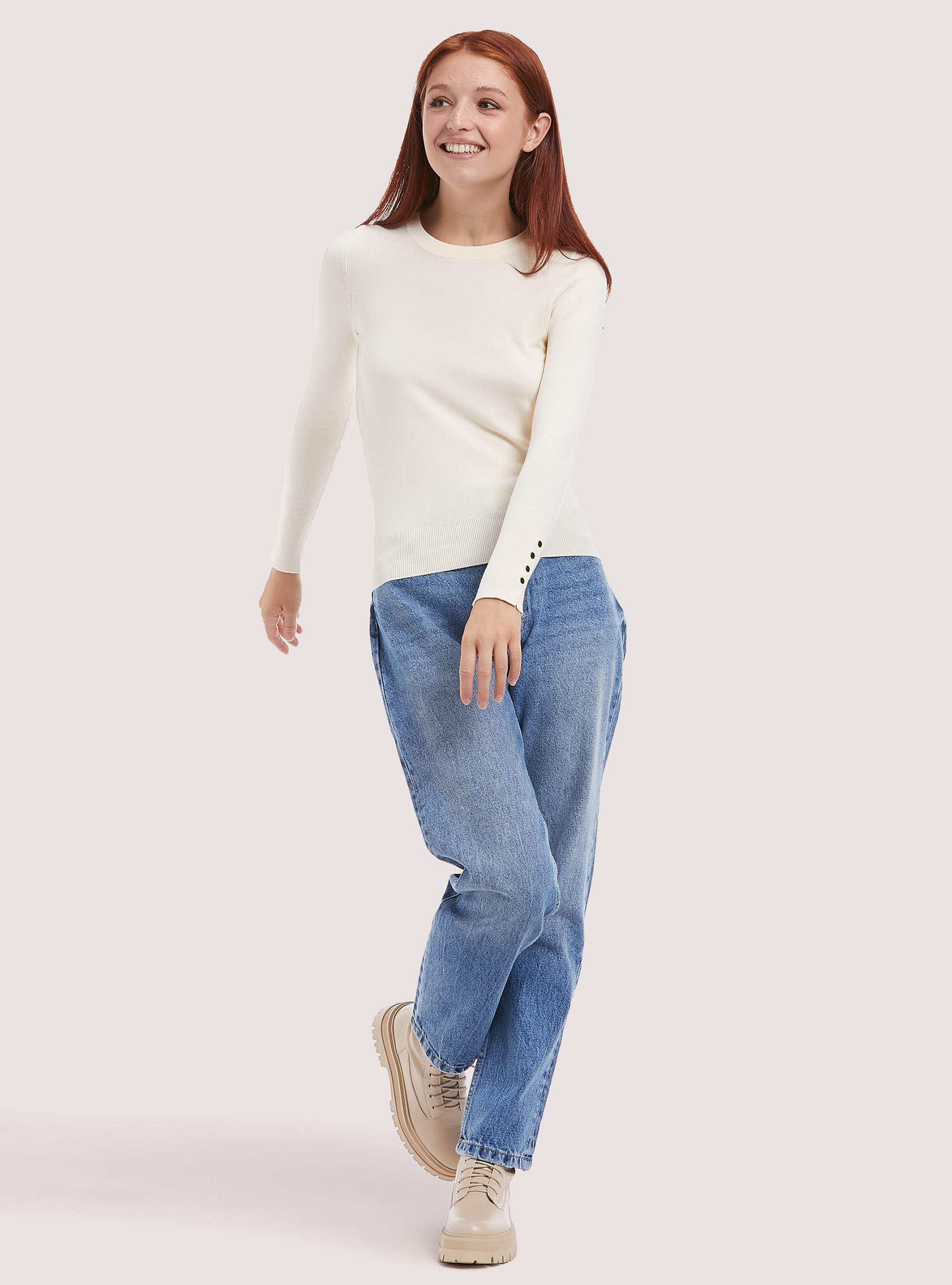 Jersey de cuello redondo con botones en la manga, WH1 OFF WHITE