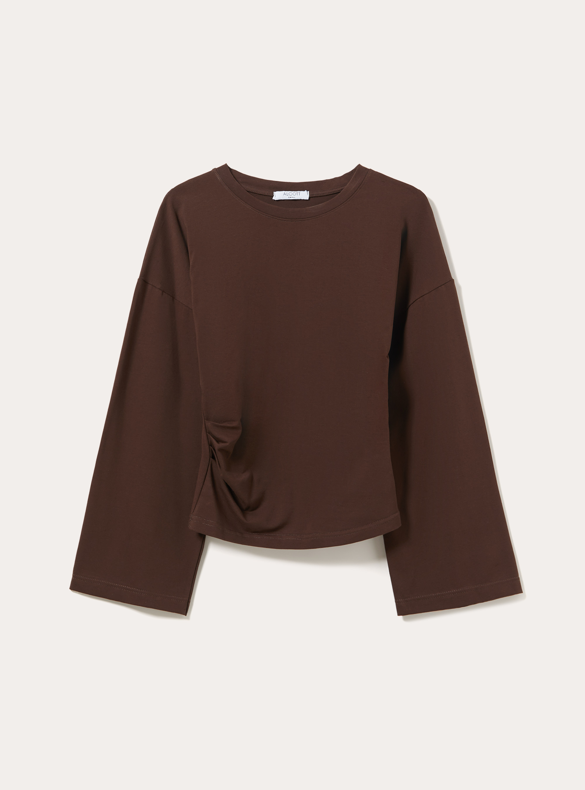Flare sleeve top with side ruched detailing, BR1 BROWN DARK
