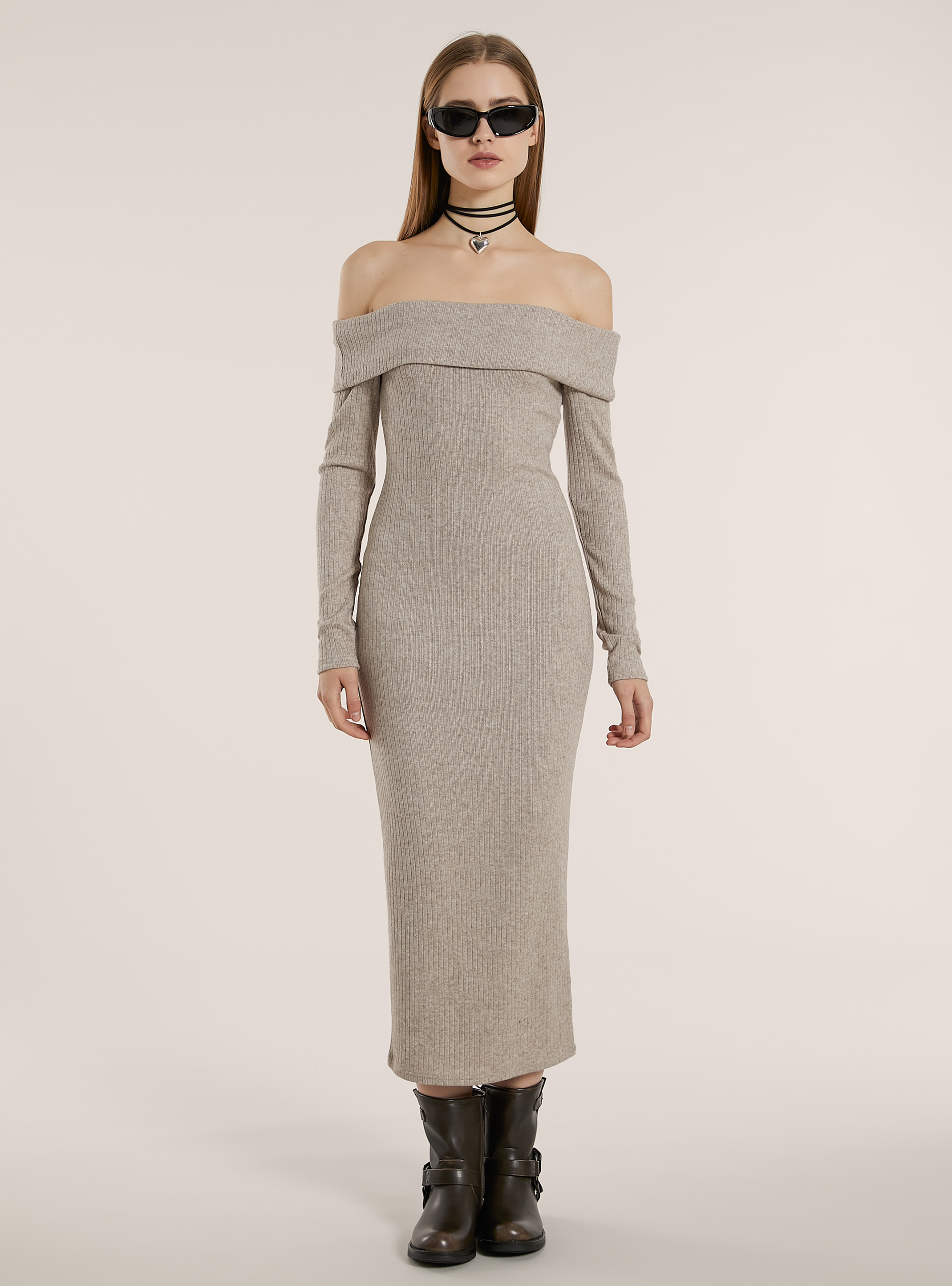 Long knit dress with Bardot neckline, MBG2 BEIGE MEL MED