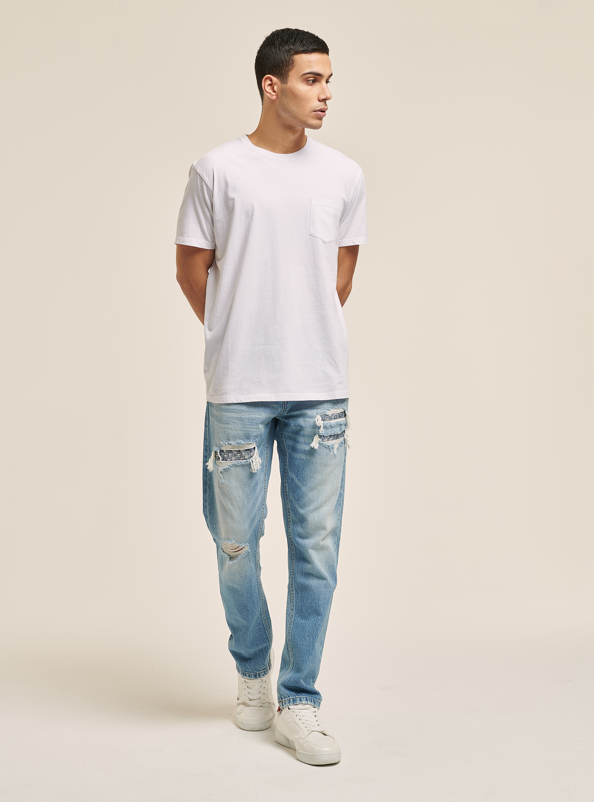 Camiseta de cuello redondo con bolsillo en el pecho, WH3 WHITE