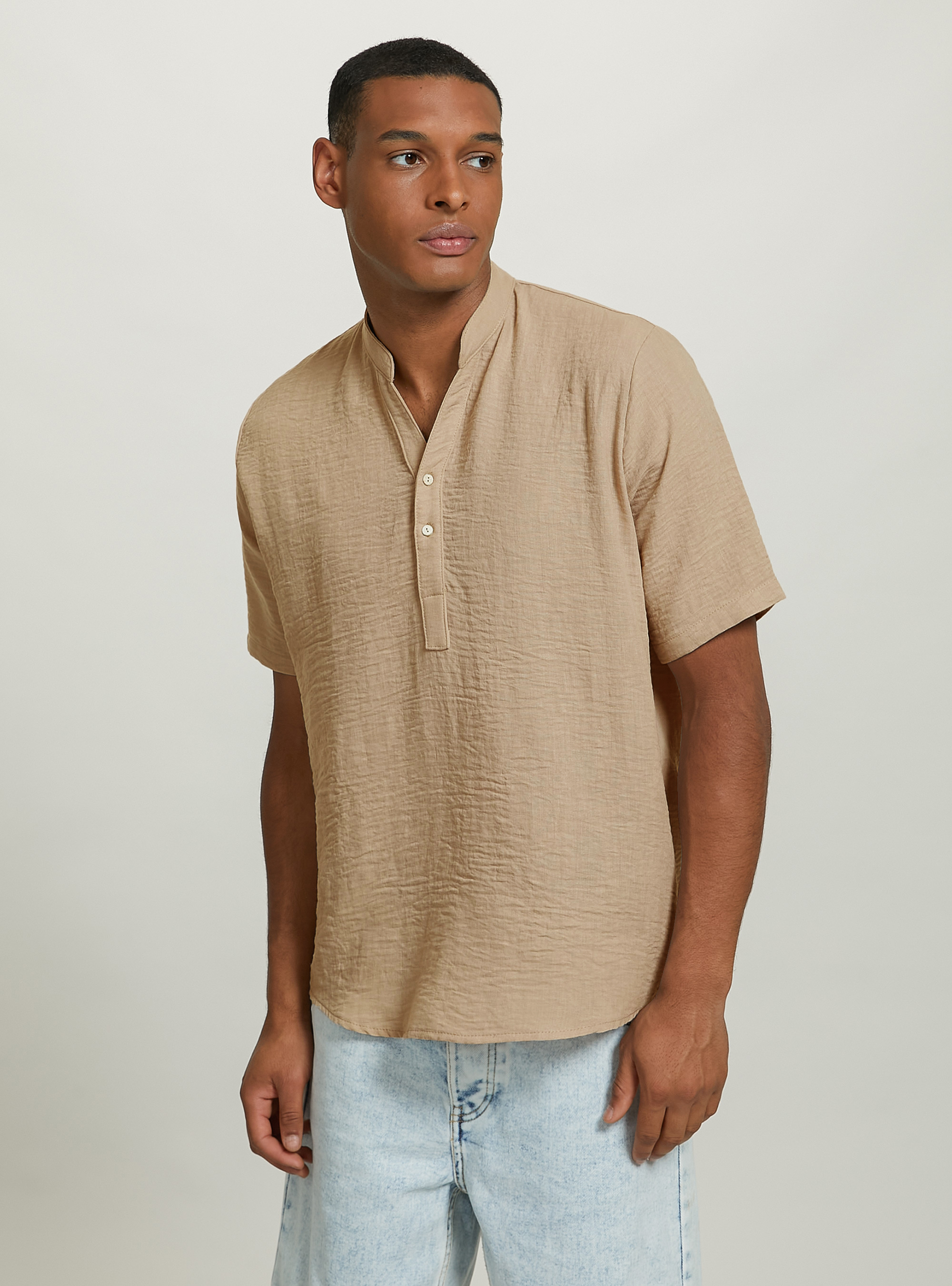 Camicia basica collo coreano mezza placchetta, BG1 BEIGE DARK