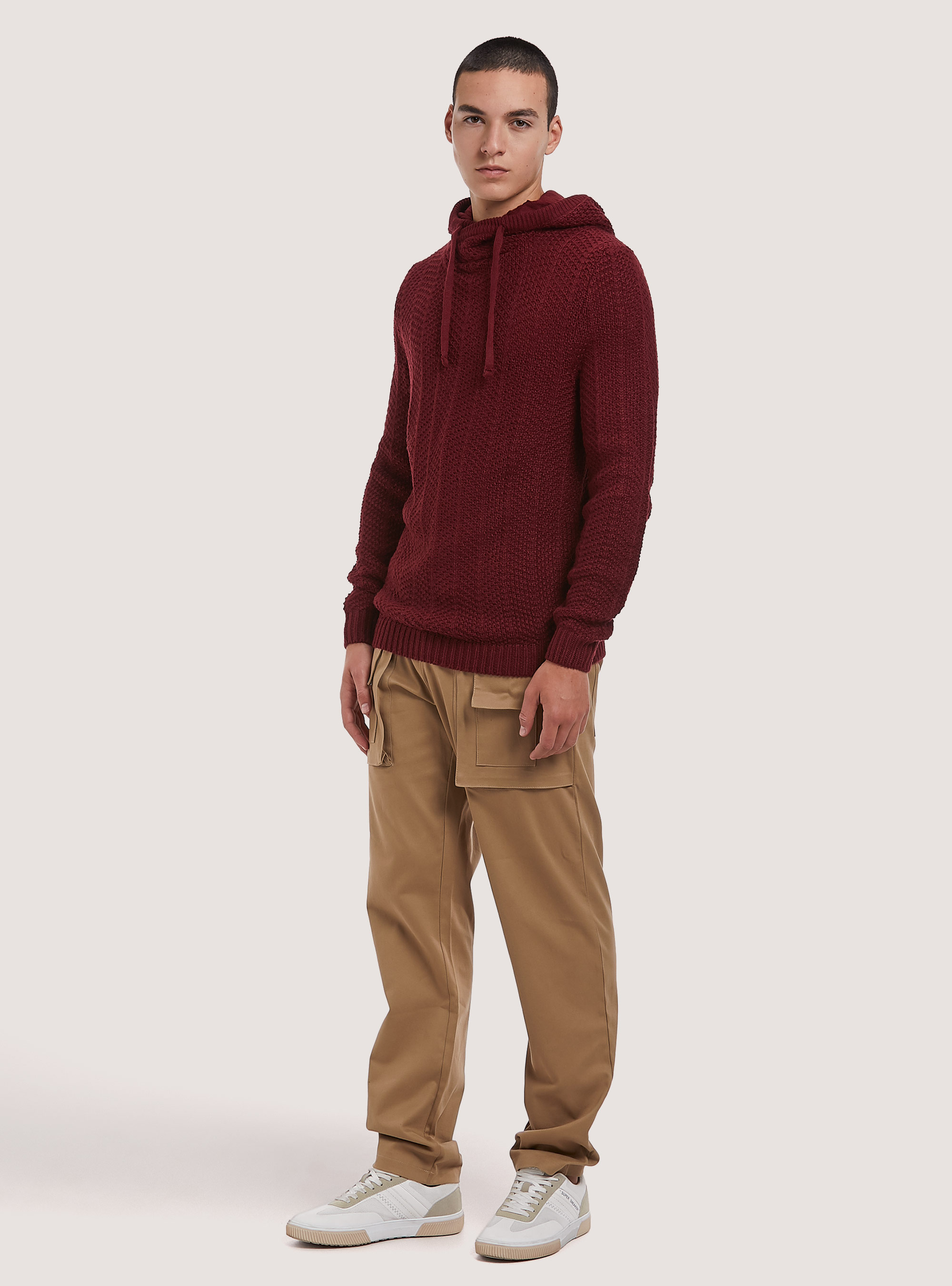 Wool blend hooded pullover, BORDEAUX