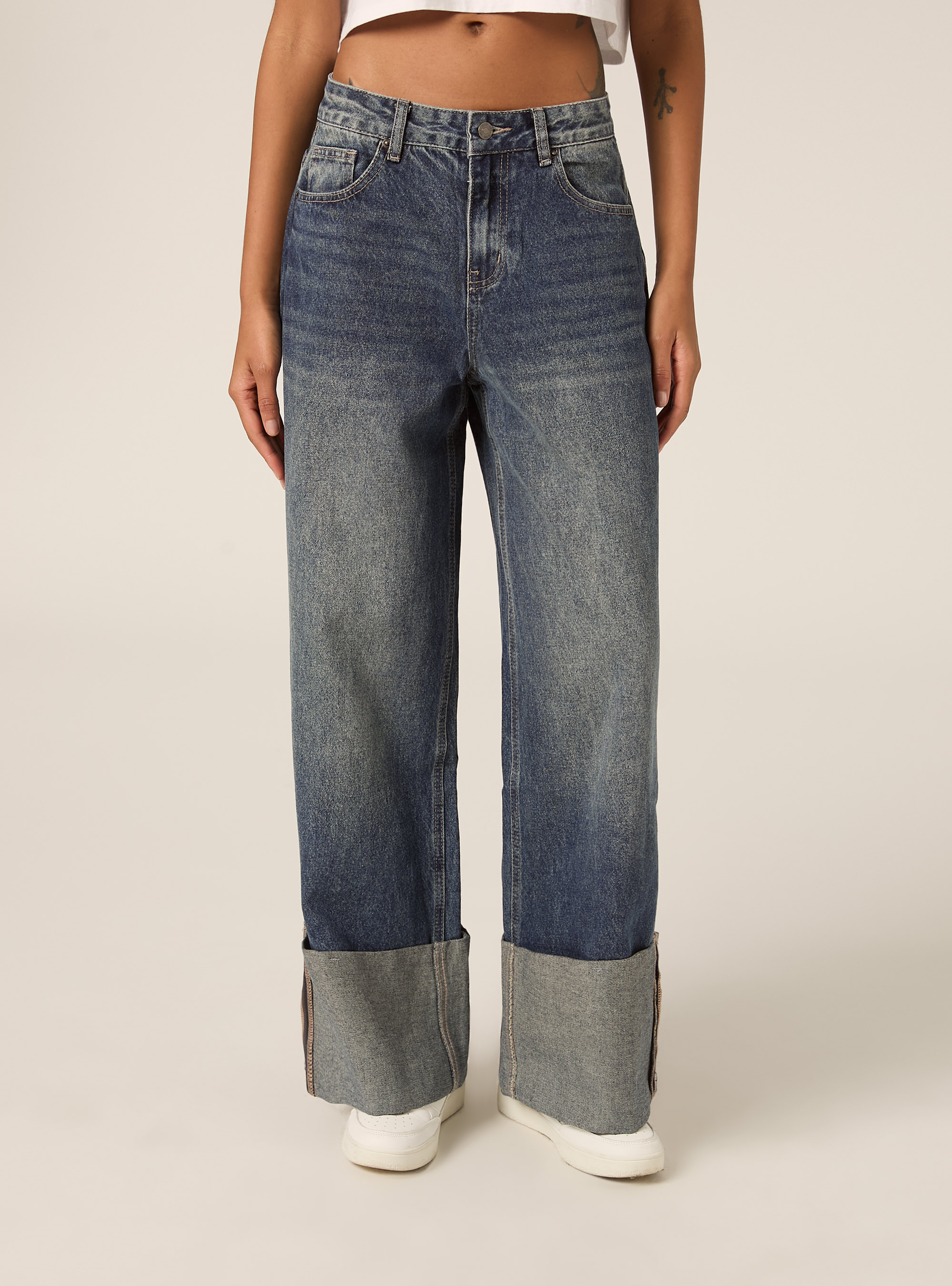 Jeans wide leg con risvolto, D003 MEDIUM BLUE