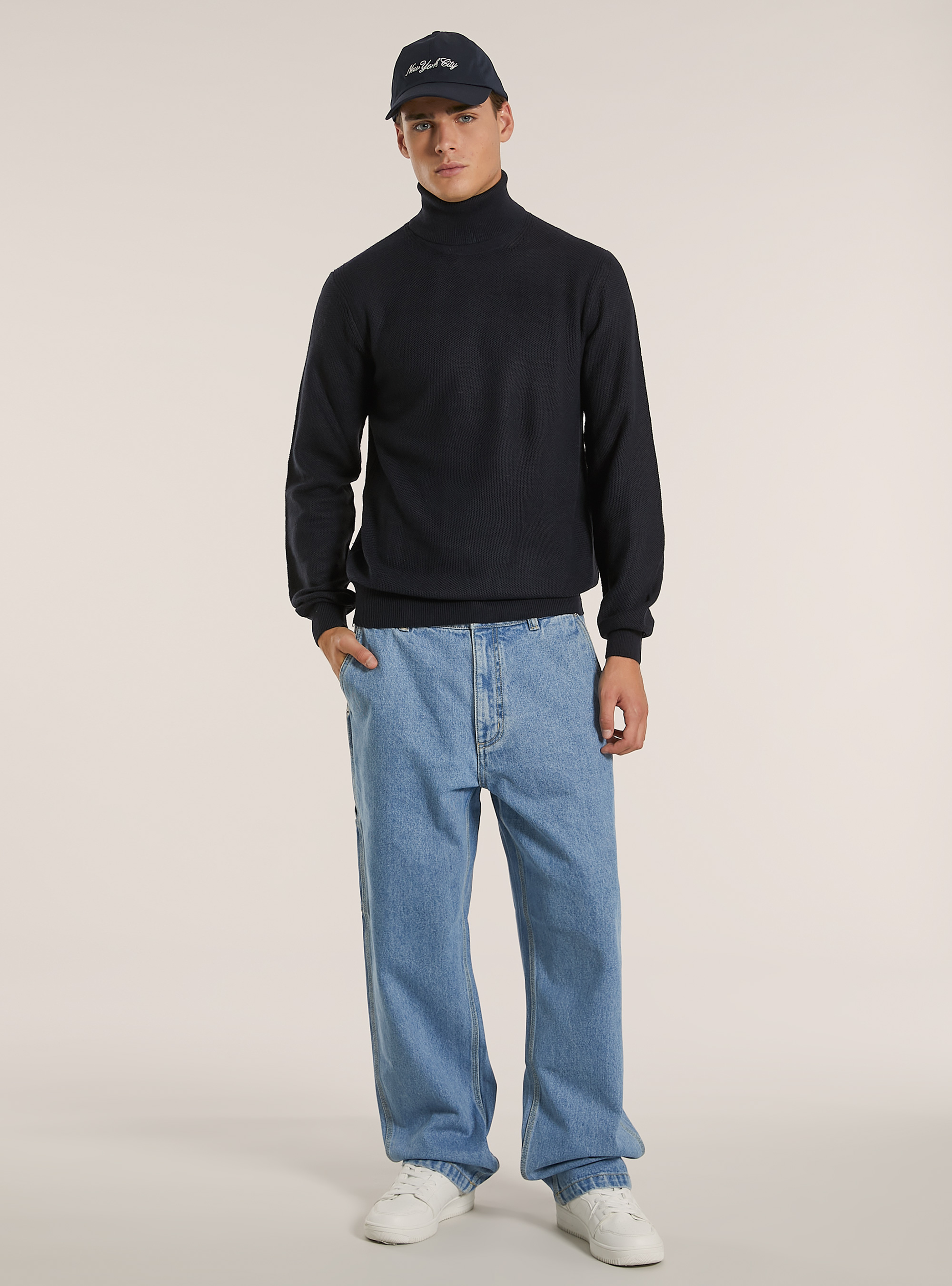 Jersey de cuello alto con textura de punto de arroz, AZUL MARINO