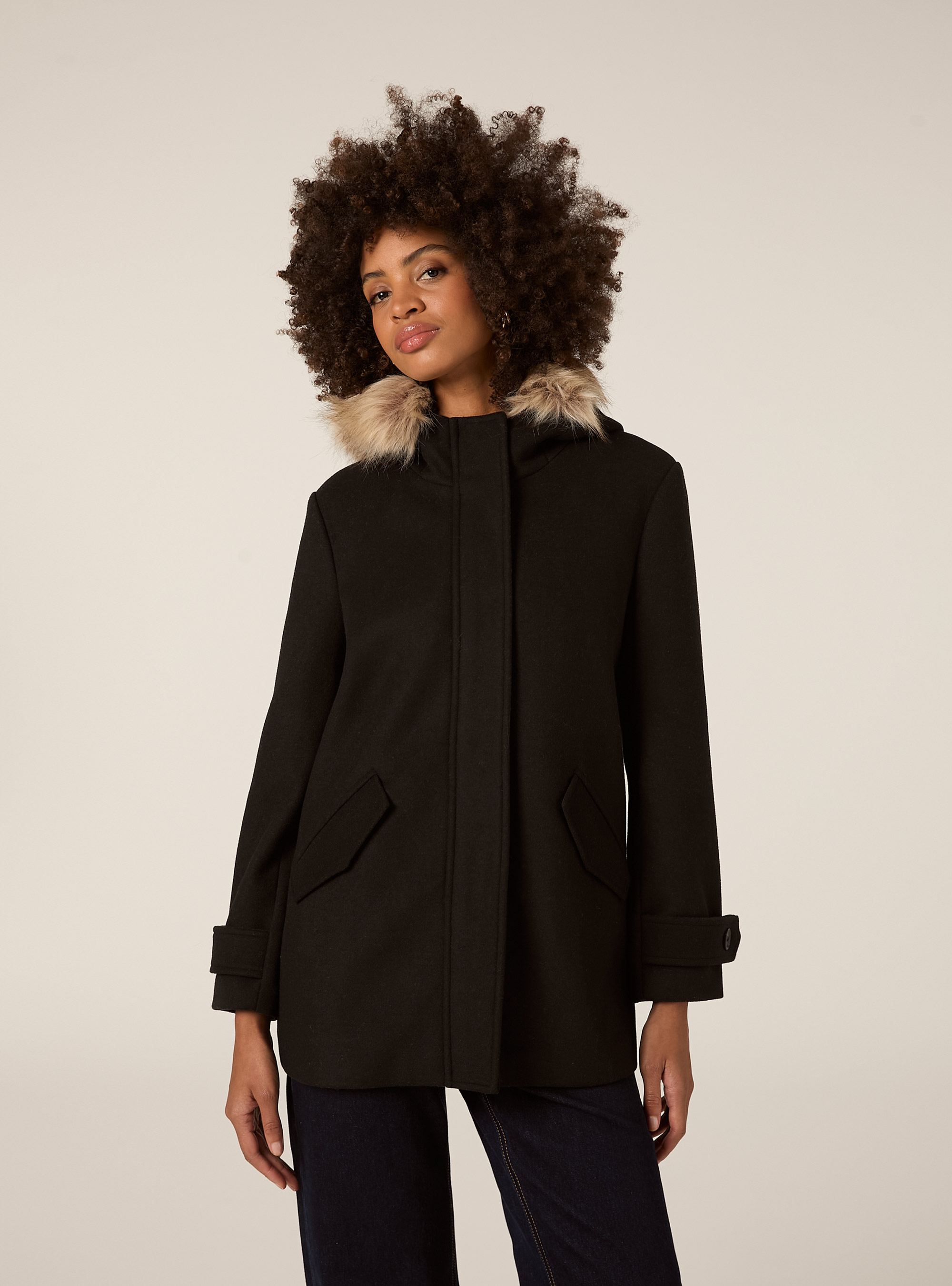 Manteau à capuche fourré, BK1 BLACK
