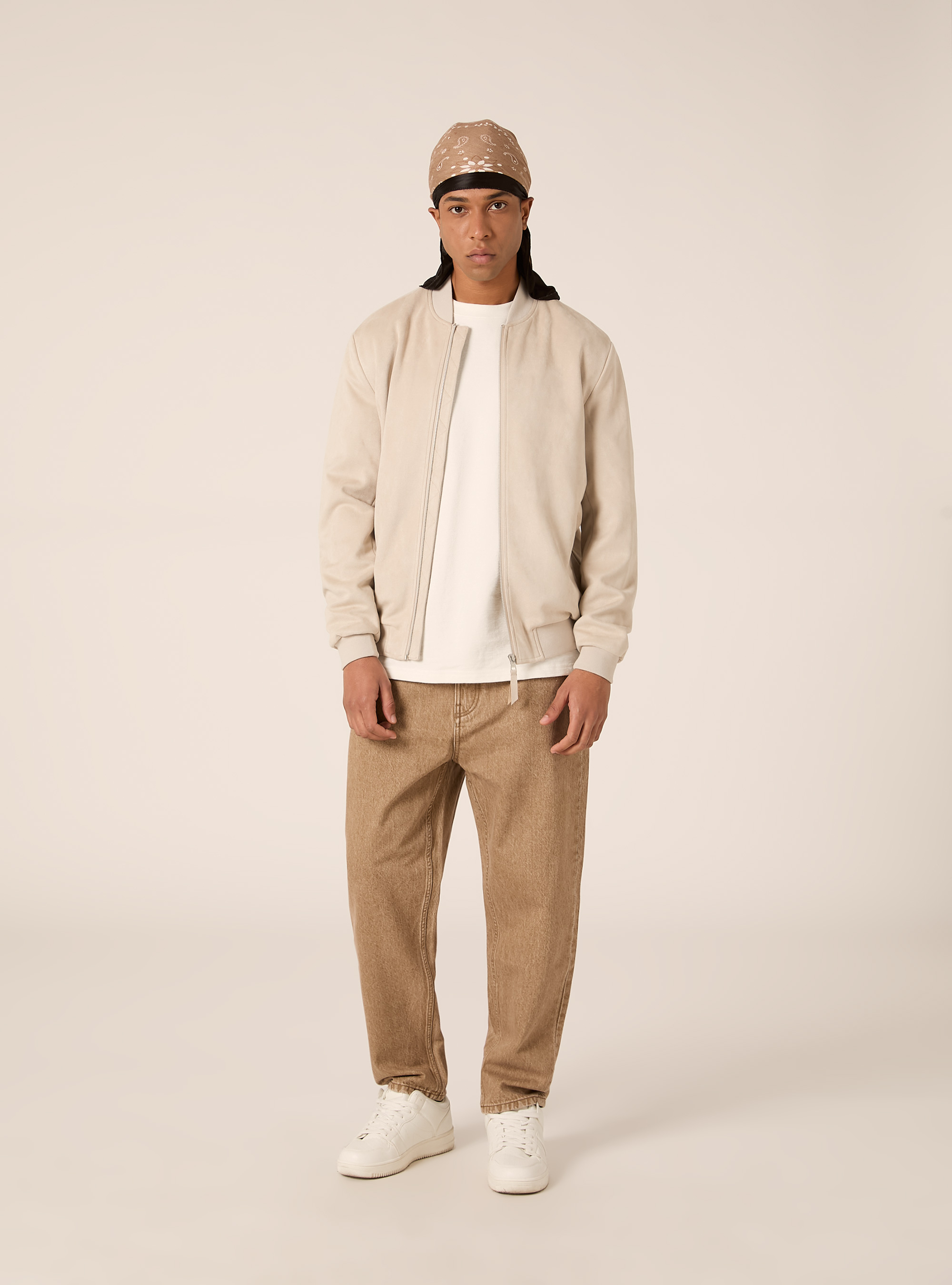 Suede-effect bomber jacket, CR3 CREAM LIGHT