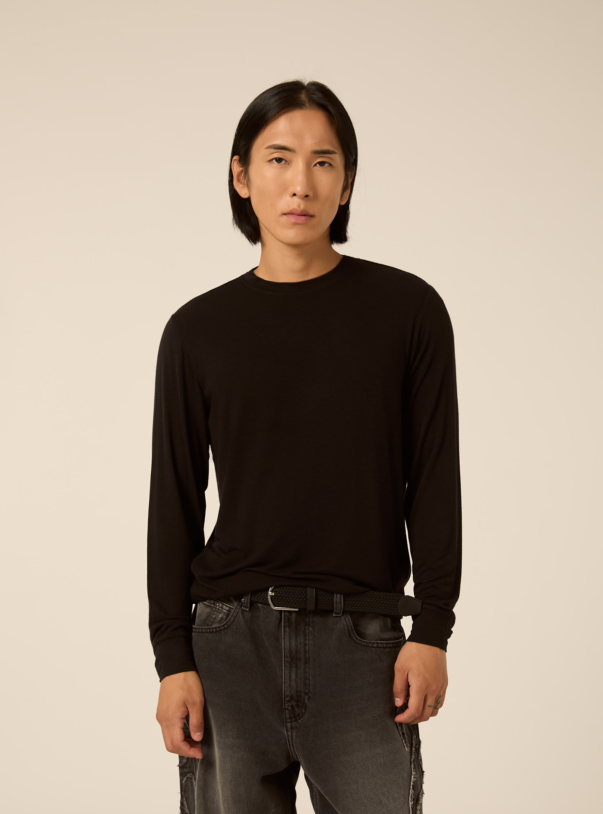 Herren langarmshirt mit rundhalsausschnitt aus cashmere mischgewebe, BK1 BLACK