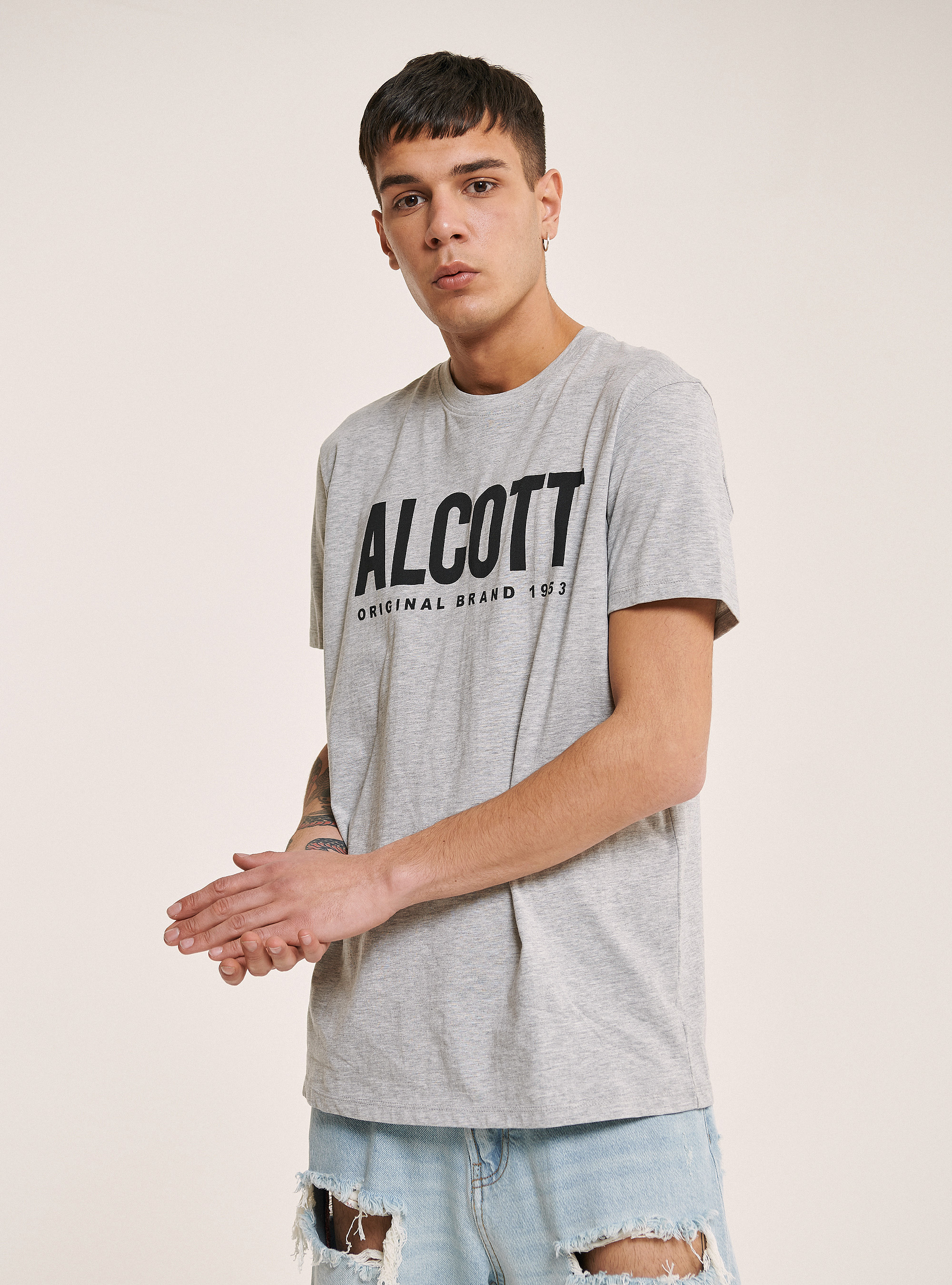 T-shirt in 100% cotton with logo printed, LIGHT GREY MELANGE