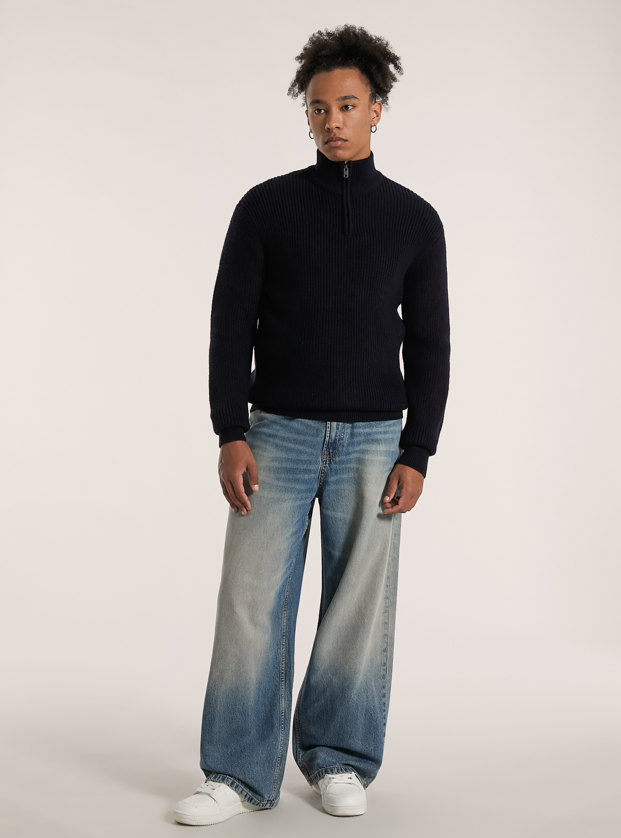 Maglia a costine con mezza zip  collo alto, NA1 NAVY DARK