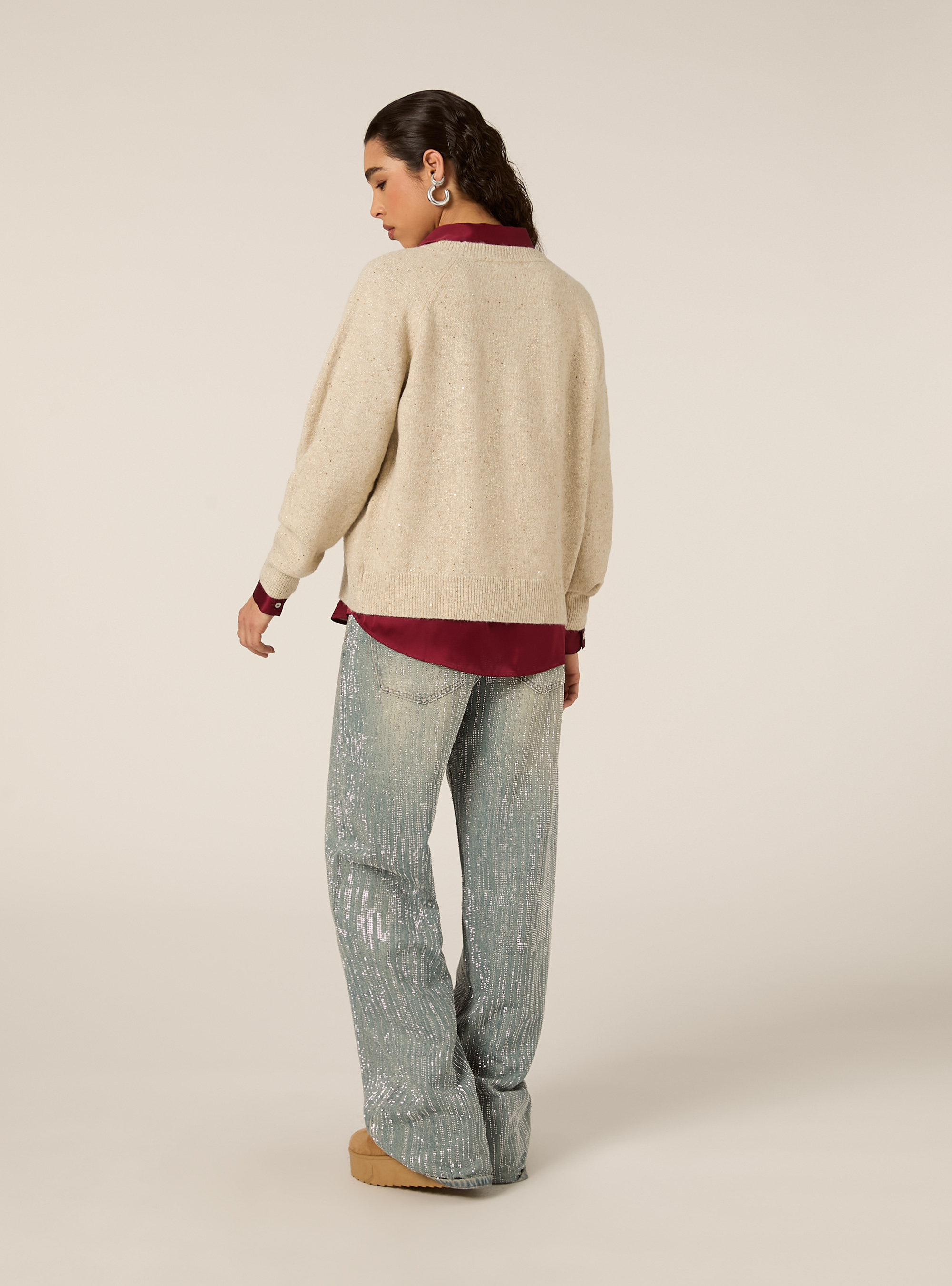 Maglia girocollo manica raglan in lurex, BG3 BEIGE LIGHT