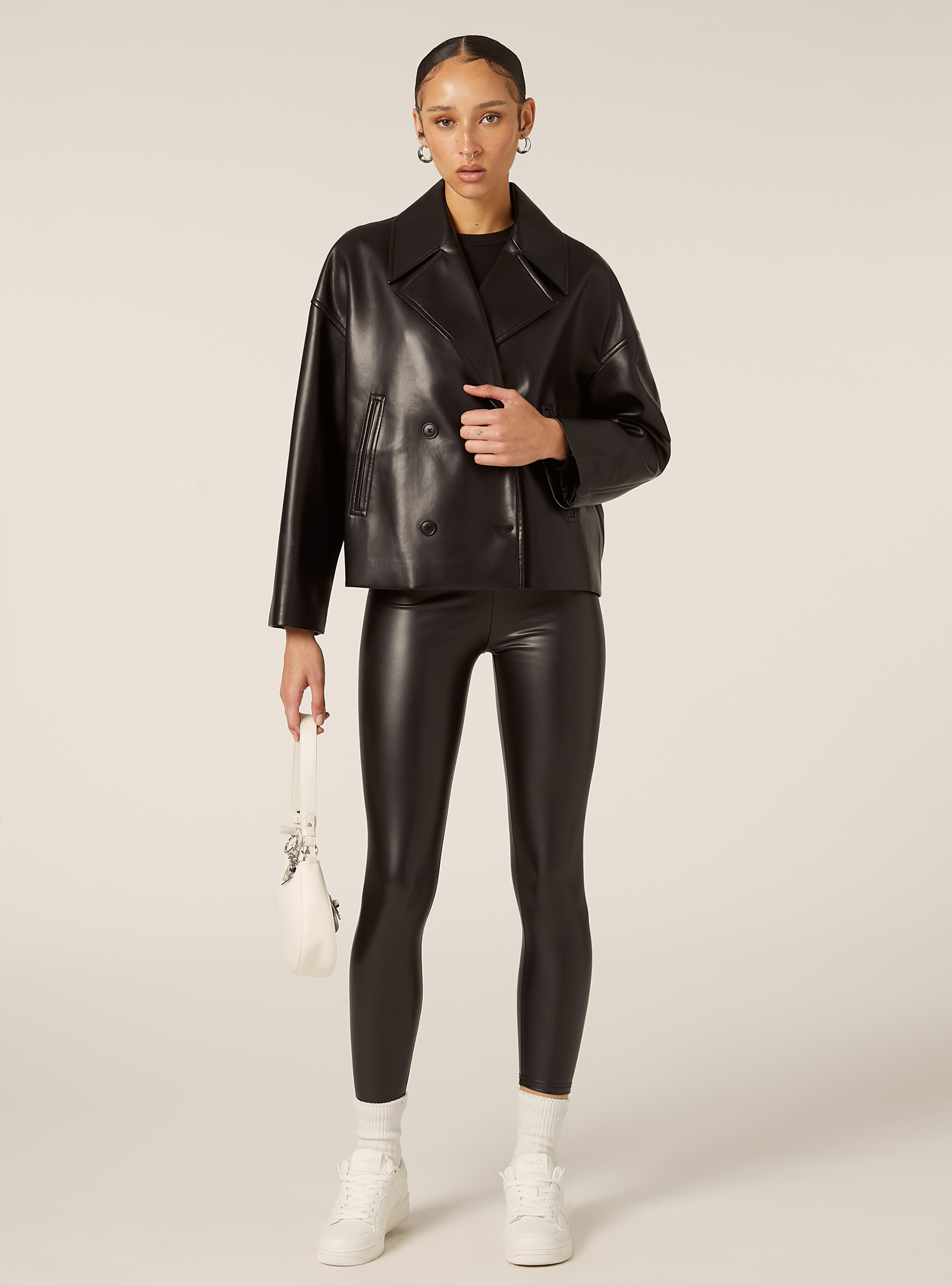 Short leather-effect trench coat, BK1 BLACK