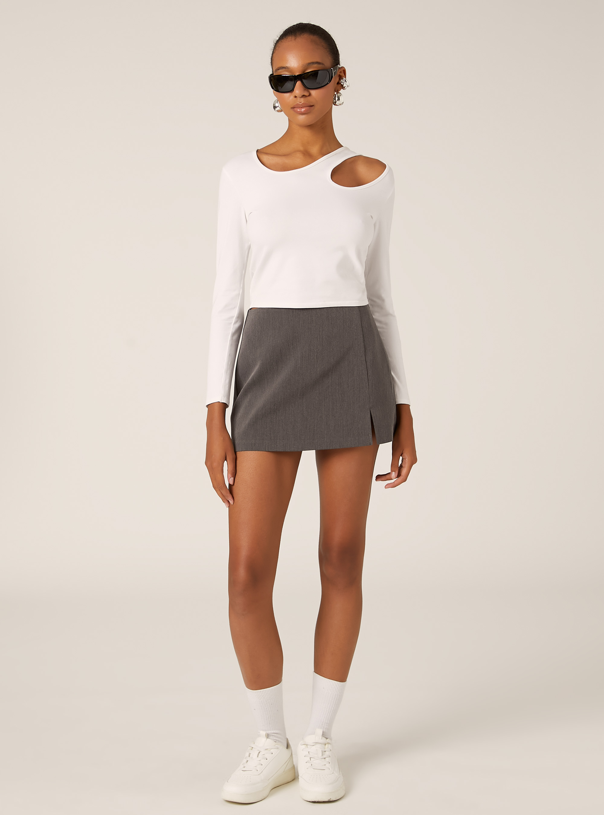 Falda pantalón mini lisa, MGY1 GREY MEL DARK