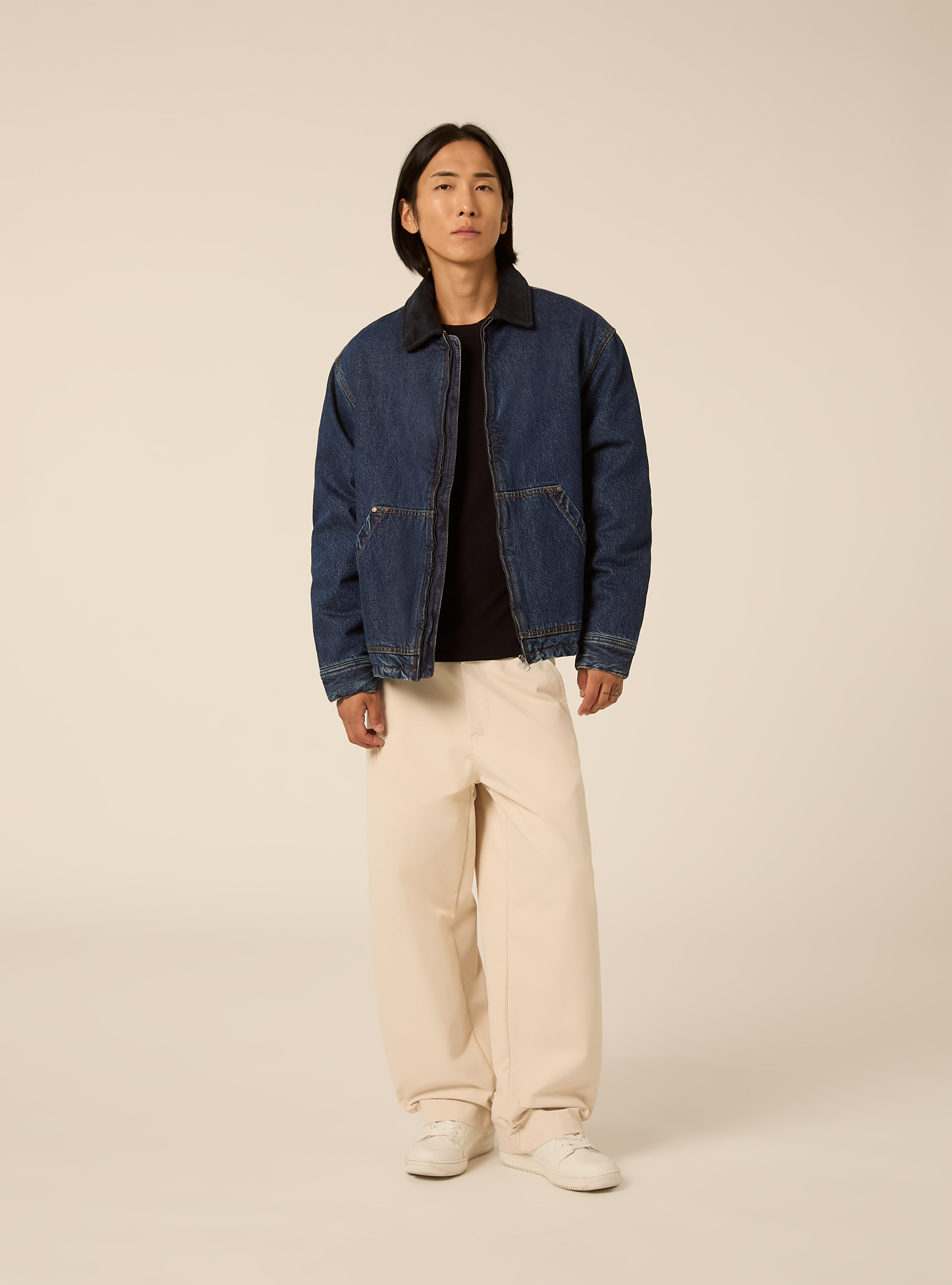 Bomber in denim con collo in velluto, D006 AZURE