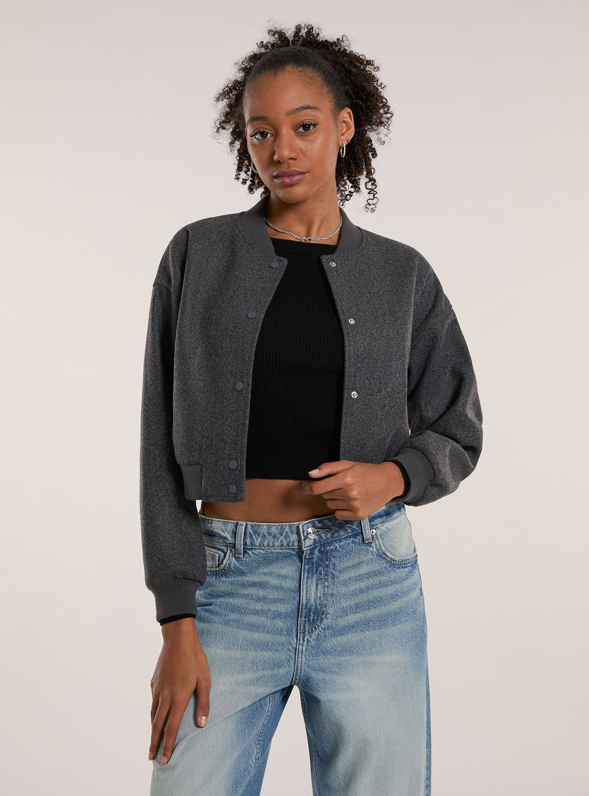 Bomber corto in panno, MGY1 GREY MEL DARK