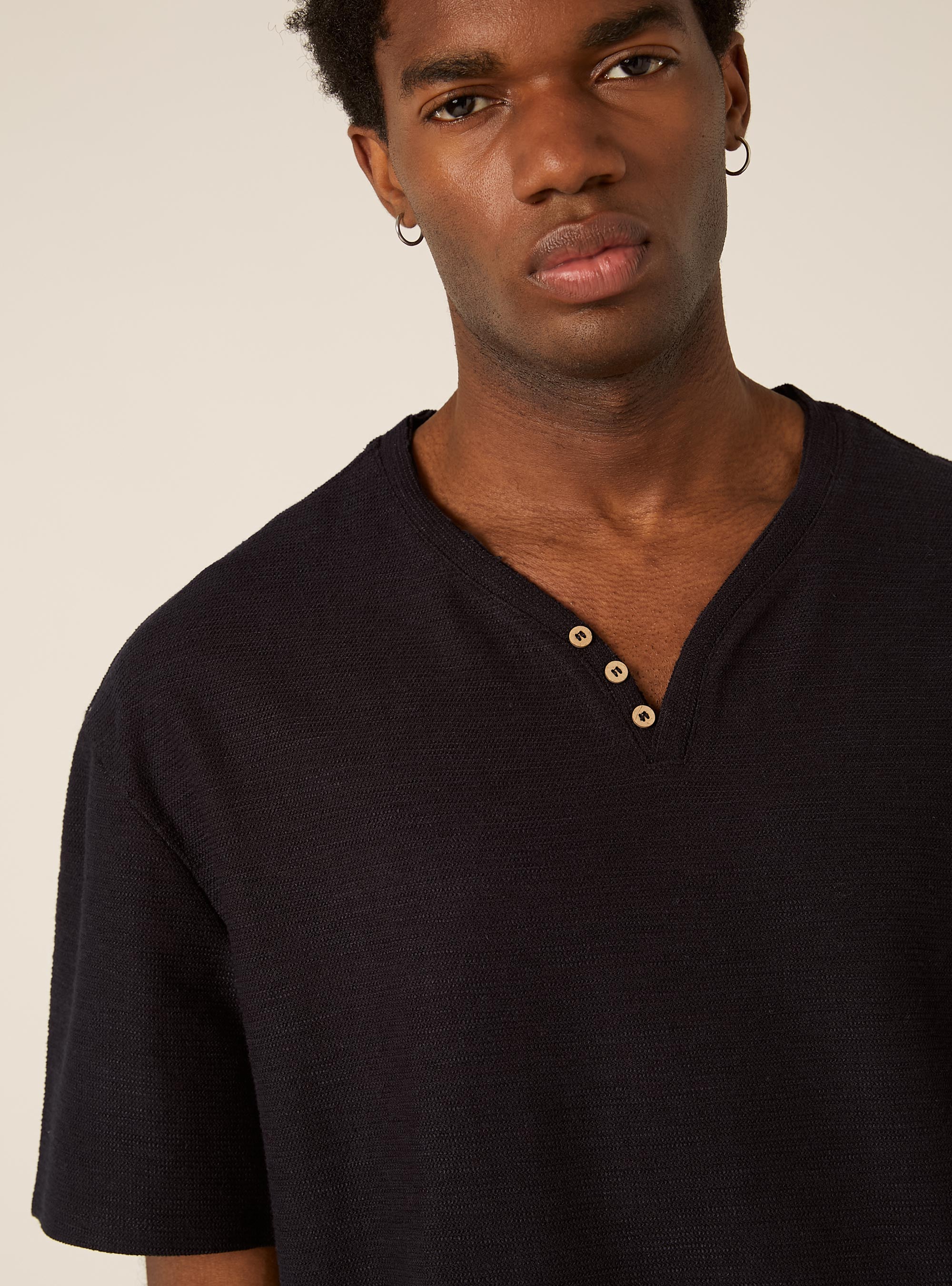 Camiseta de cuello panadero en tejido waffle, NA1 NAVY DARK