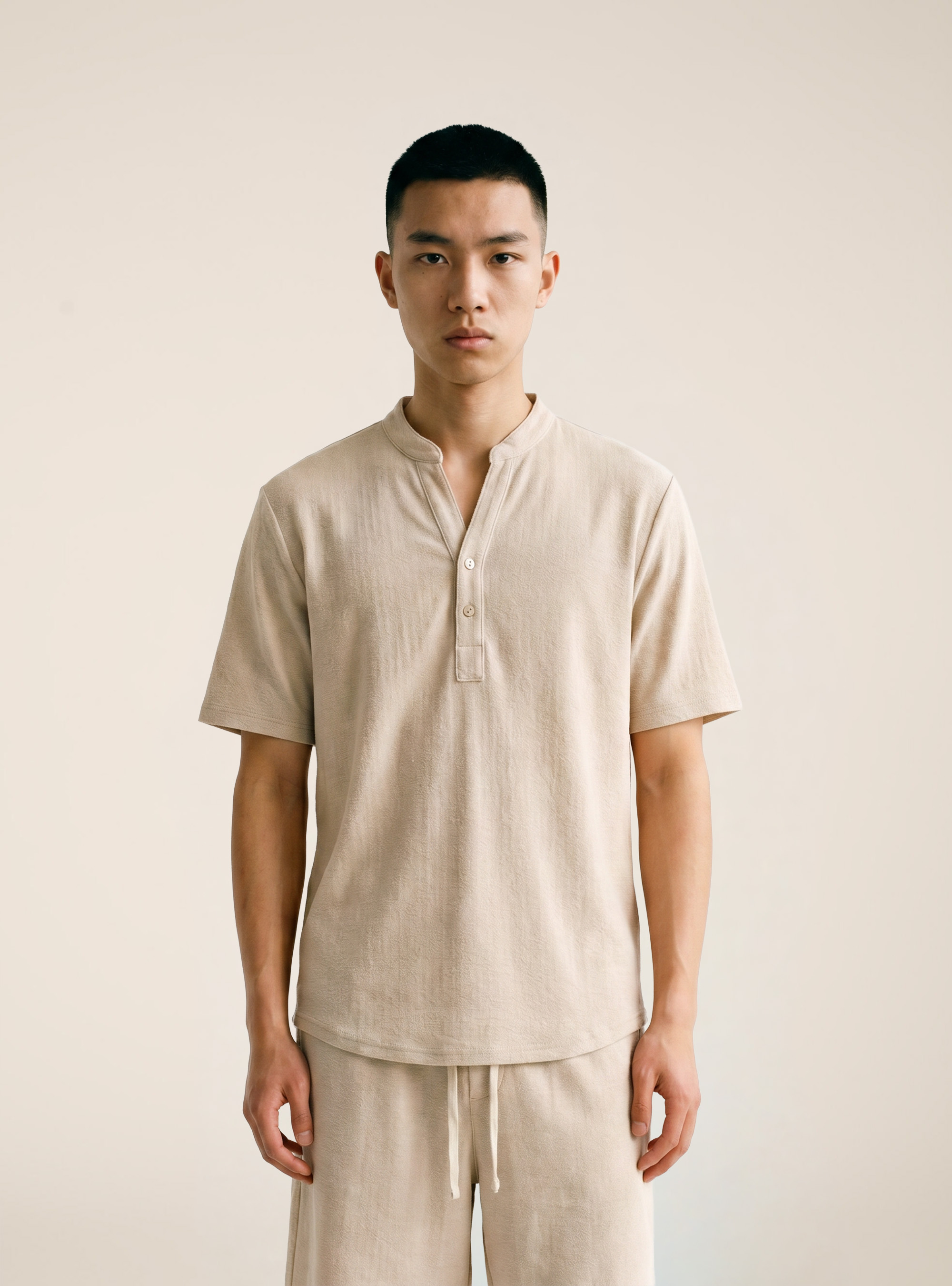 Camicia collo coreano mezza placchetta in jersey, BG3 BEIGE LIGHT