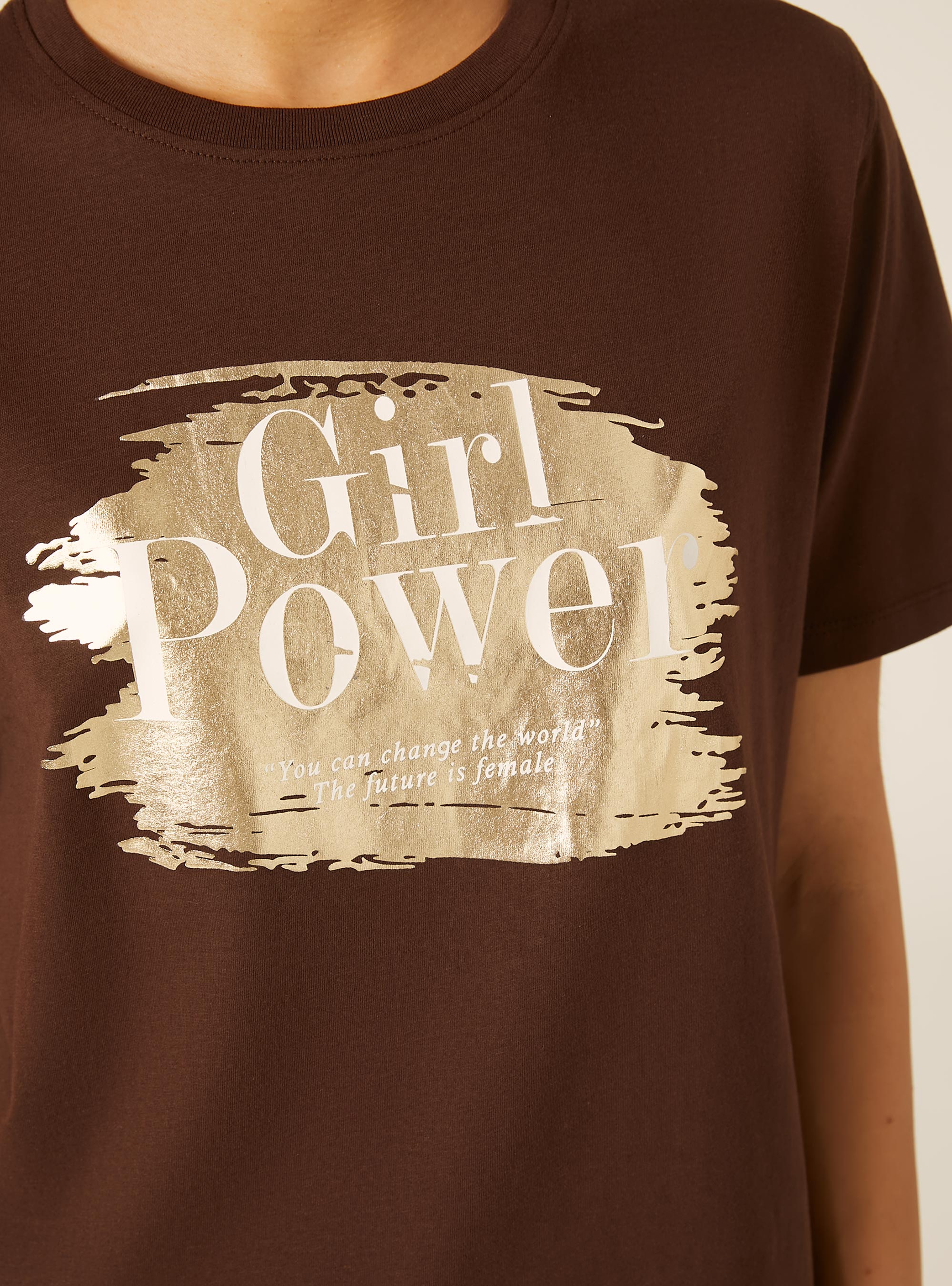 T-Shirt Coupe Regular &agrave; Imprim&eacute; Graphique Girl Power, BR1 BROWN DARK