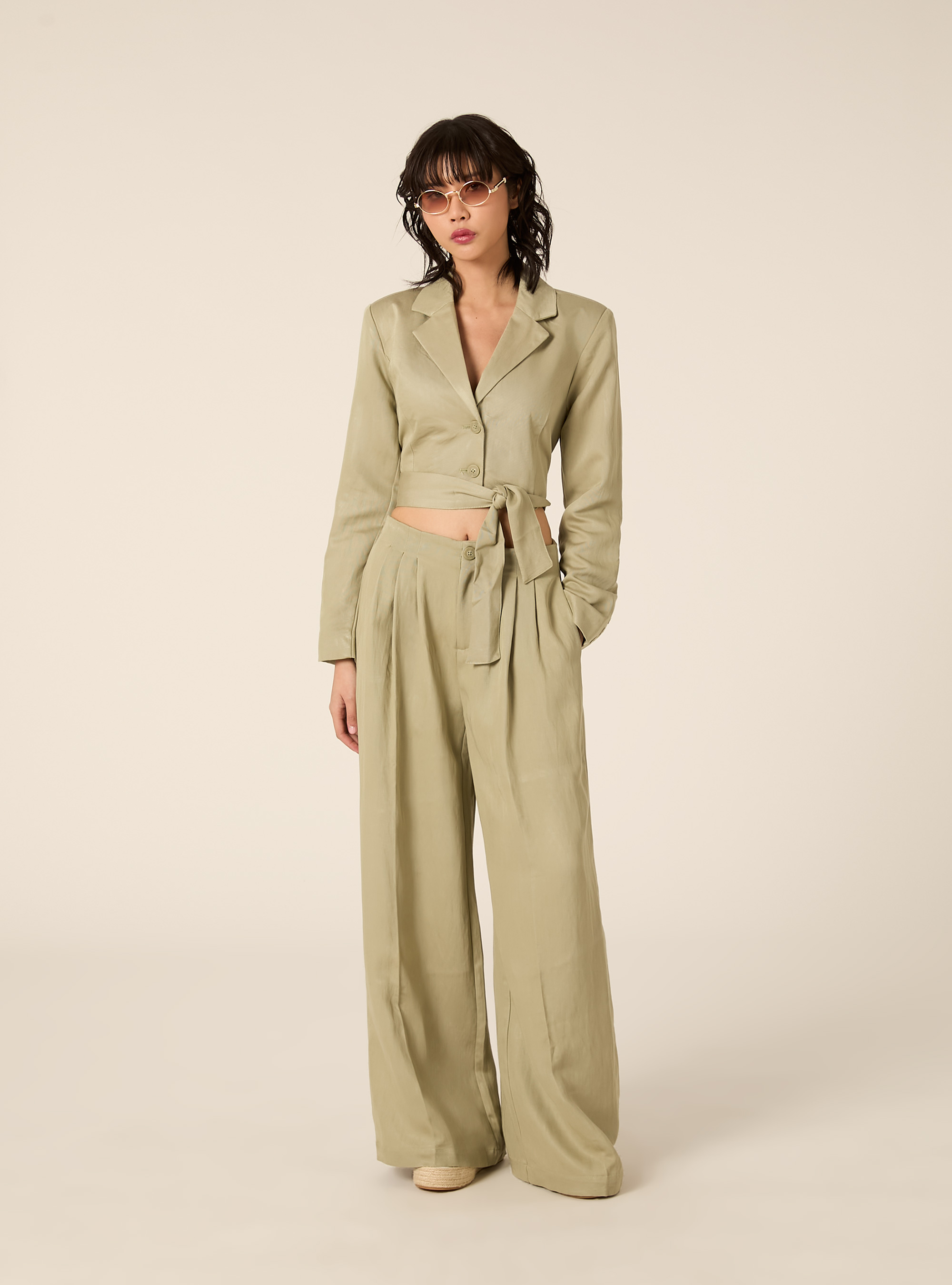 Pantaloni wide leg con pence, GN3 GREEN LIGHT