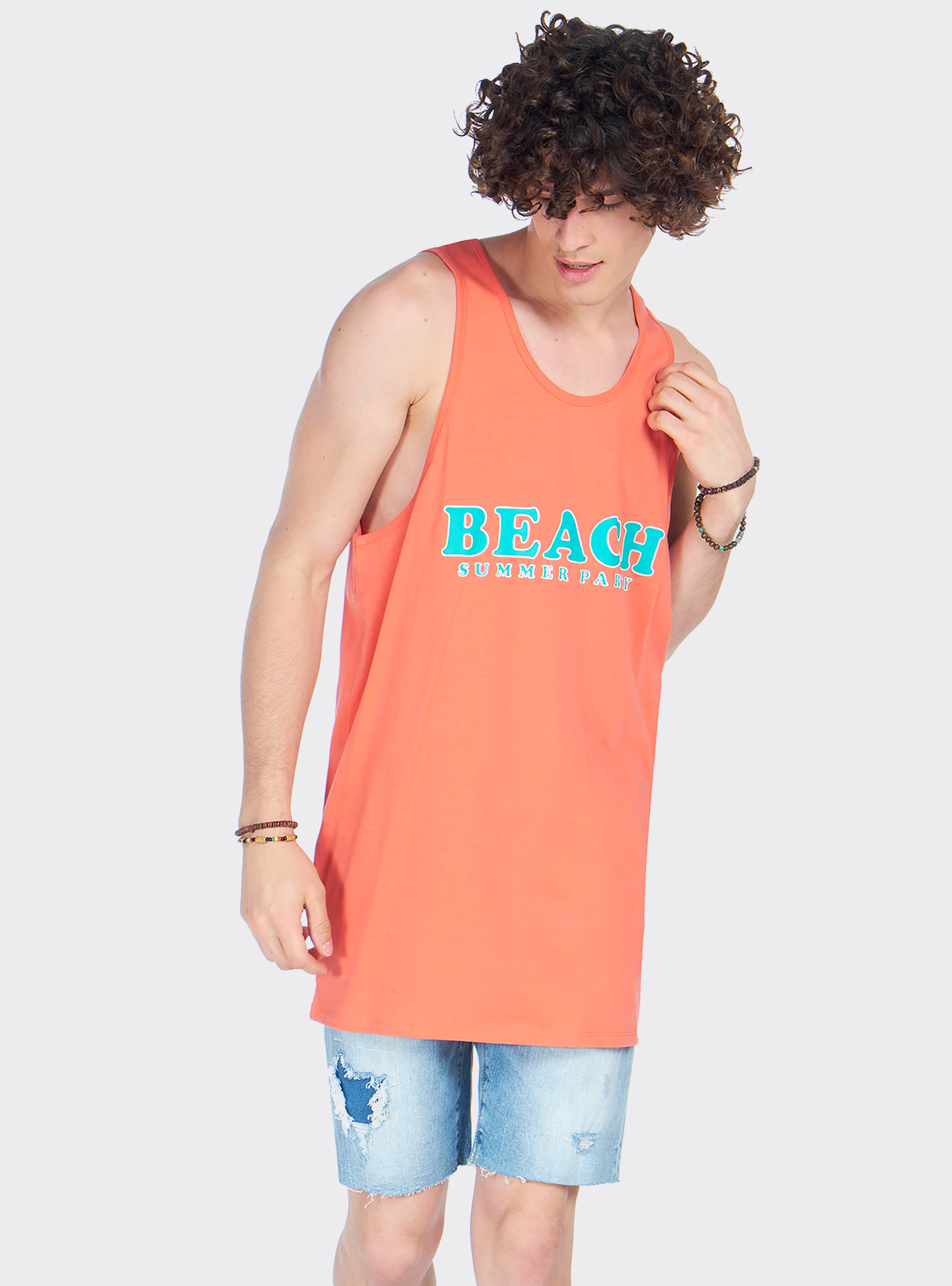 Canotta long e oversize fit con stampa lettering, C0040 CORAL