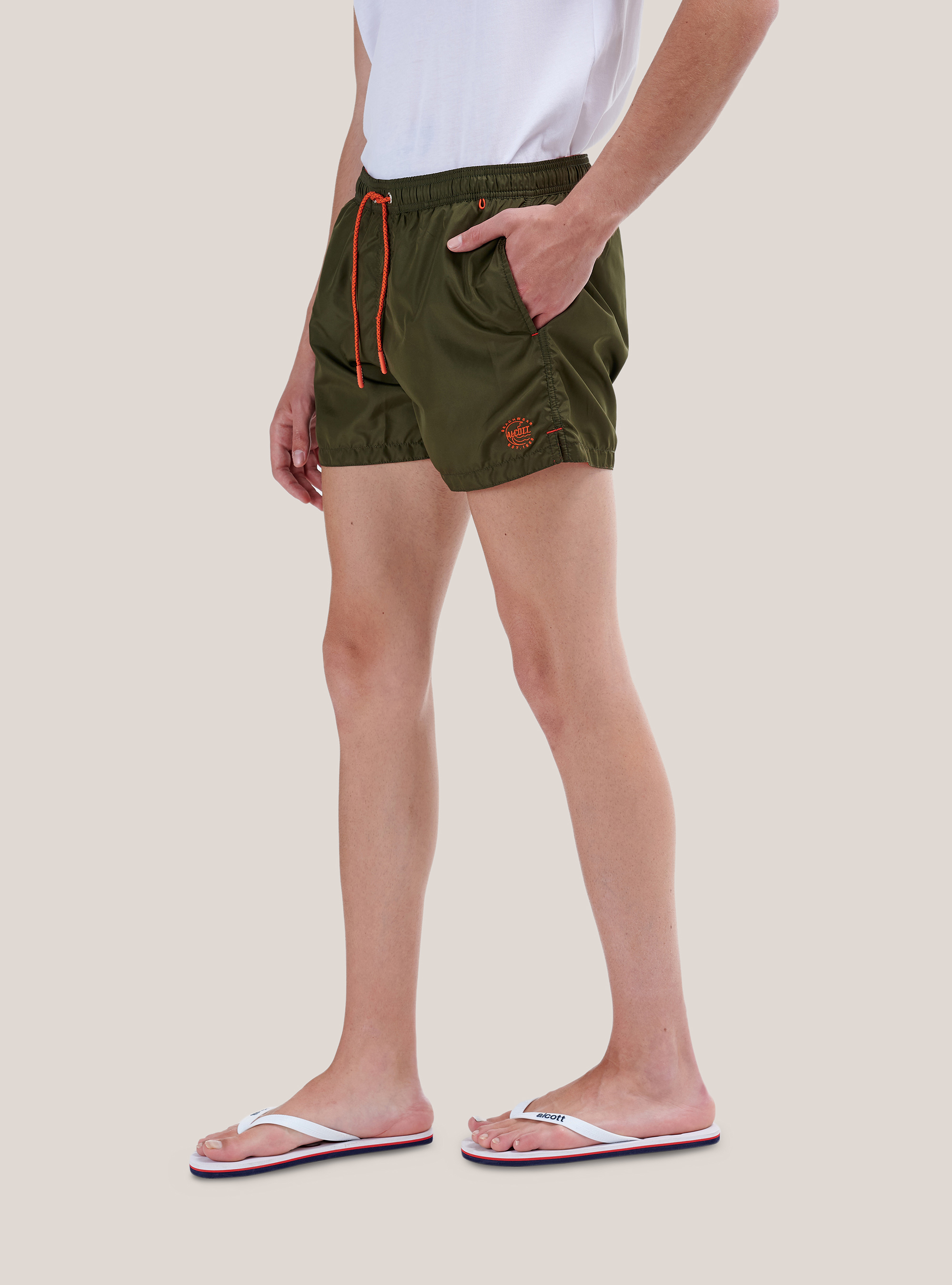 Costume tinta unita con ricamo e tasca sul retro, KAKI