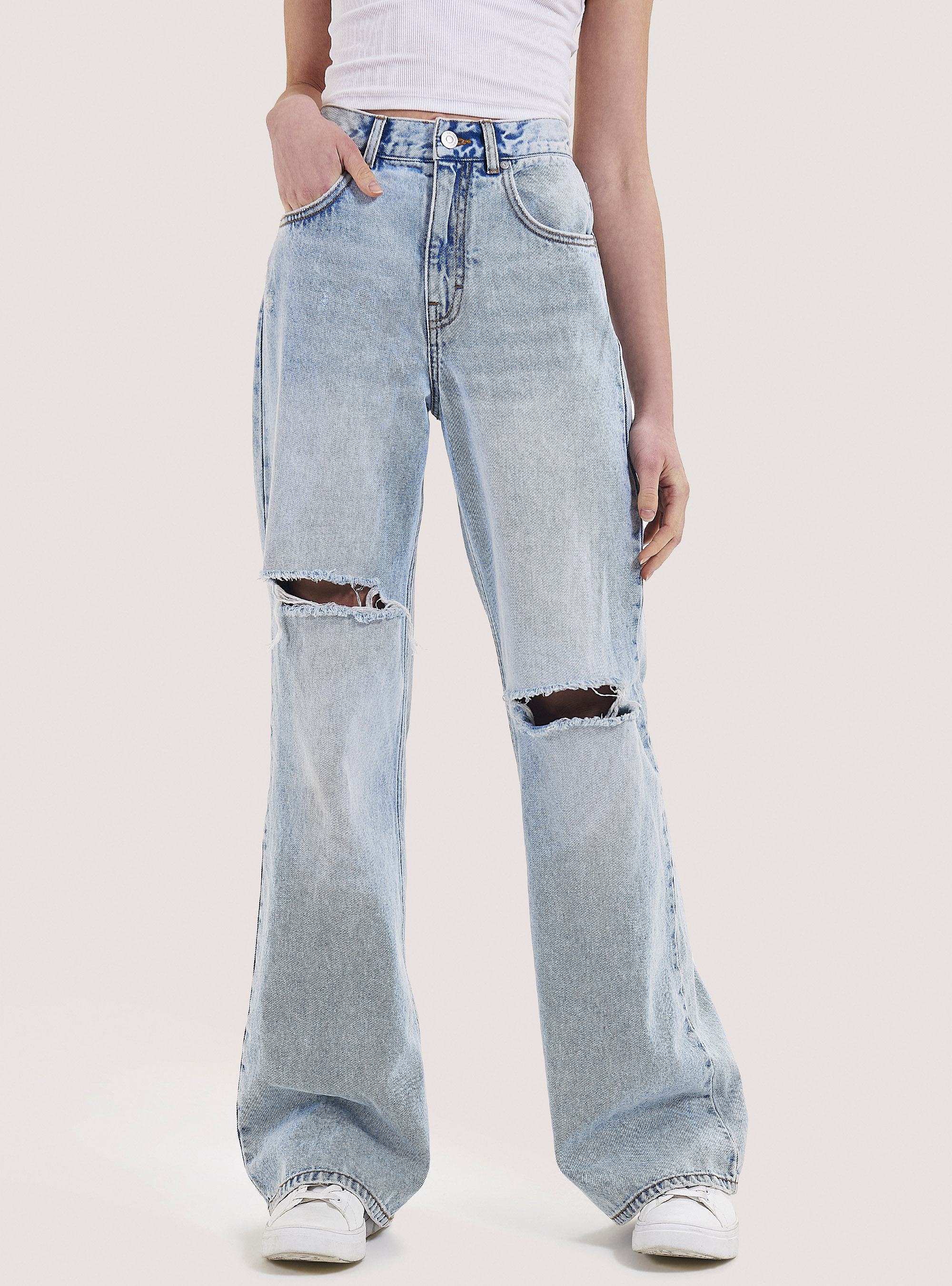 Jeans en coton à jambe large, D007 LIGHT AZURE