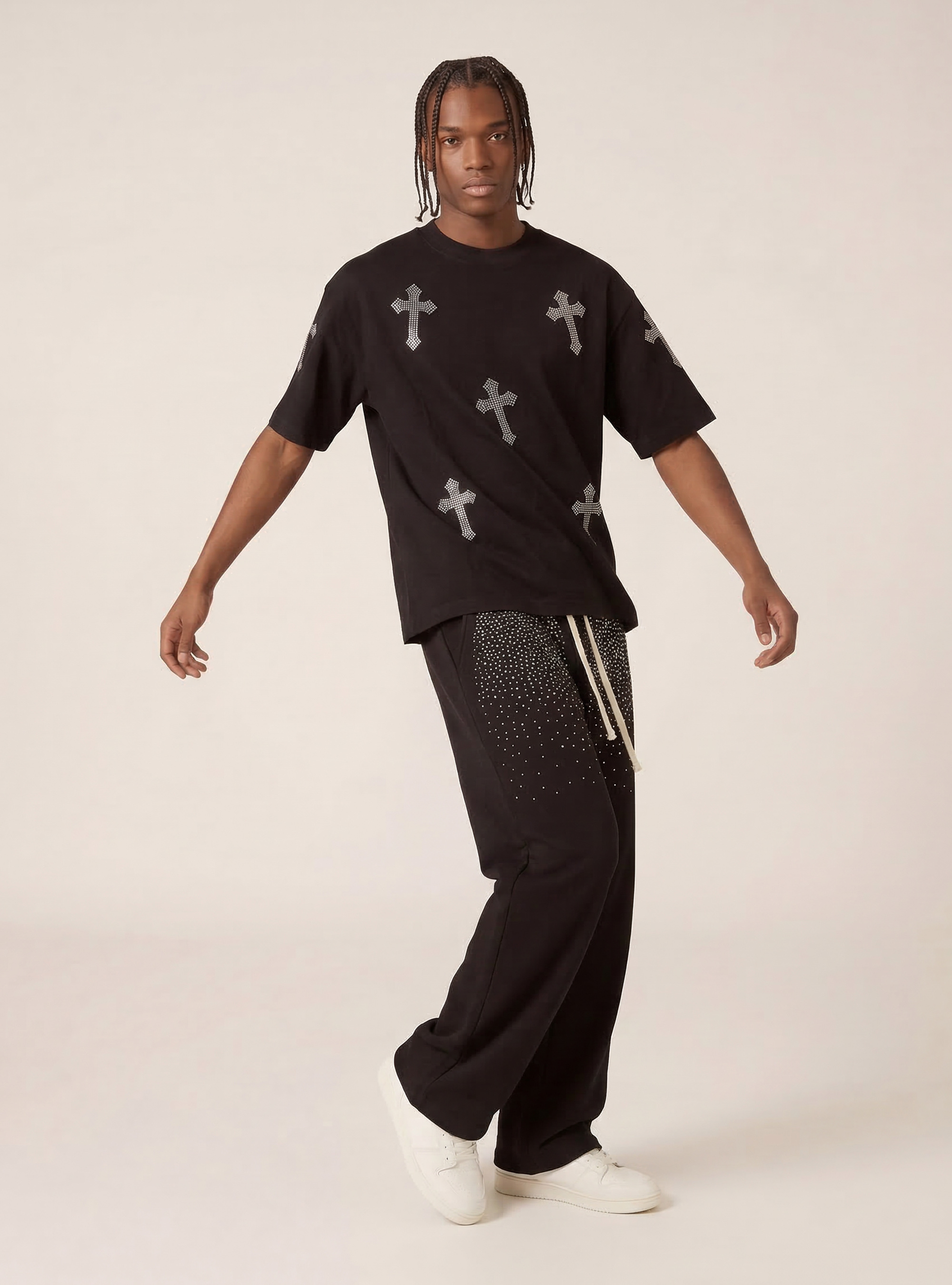 Jogger loose fit  in felpa con strass, BK1 BLACK