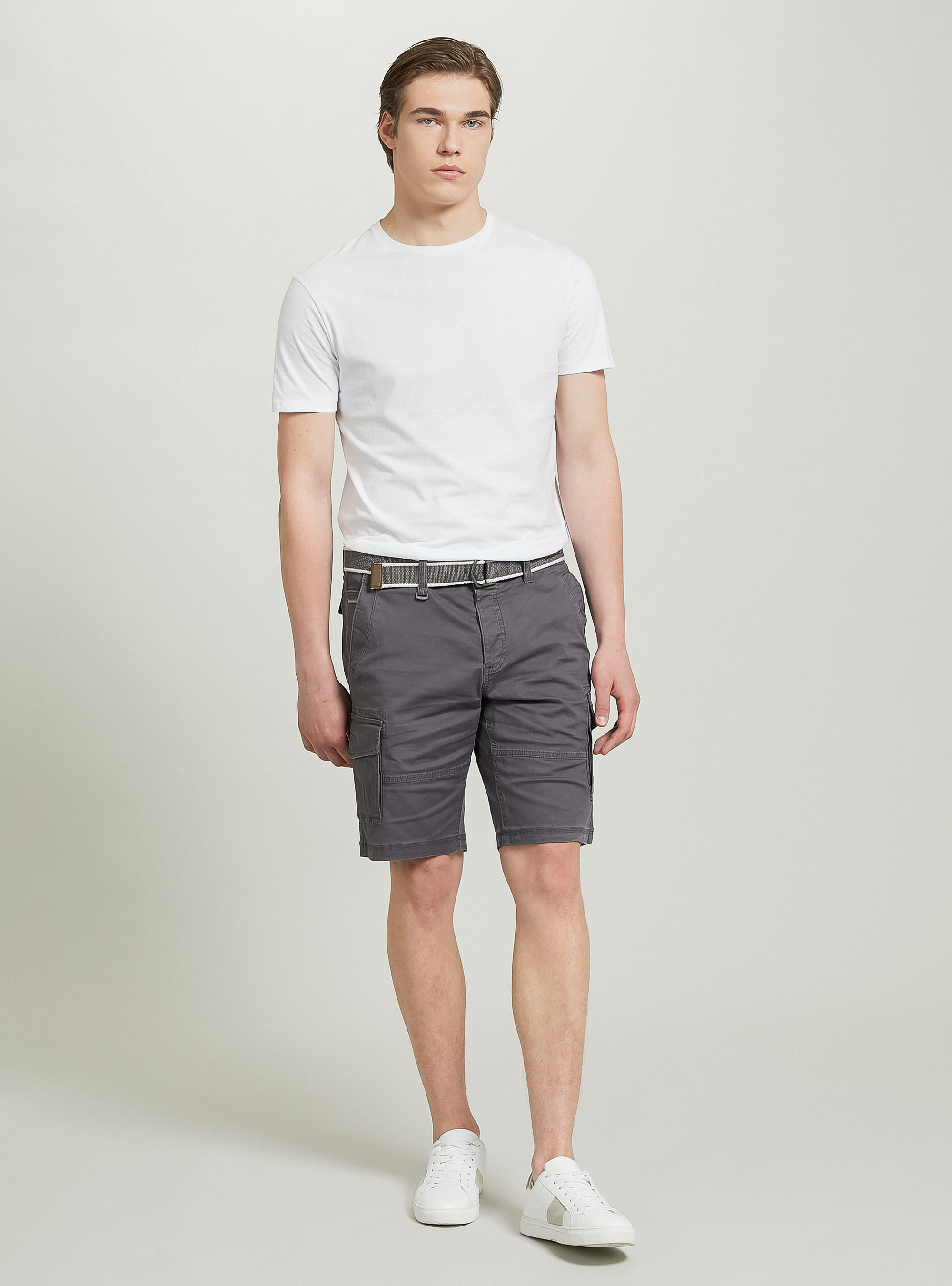 Cotton cargo bermuda with canvas belt, GY3 GREY LIGHT