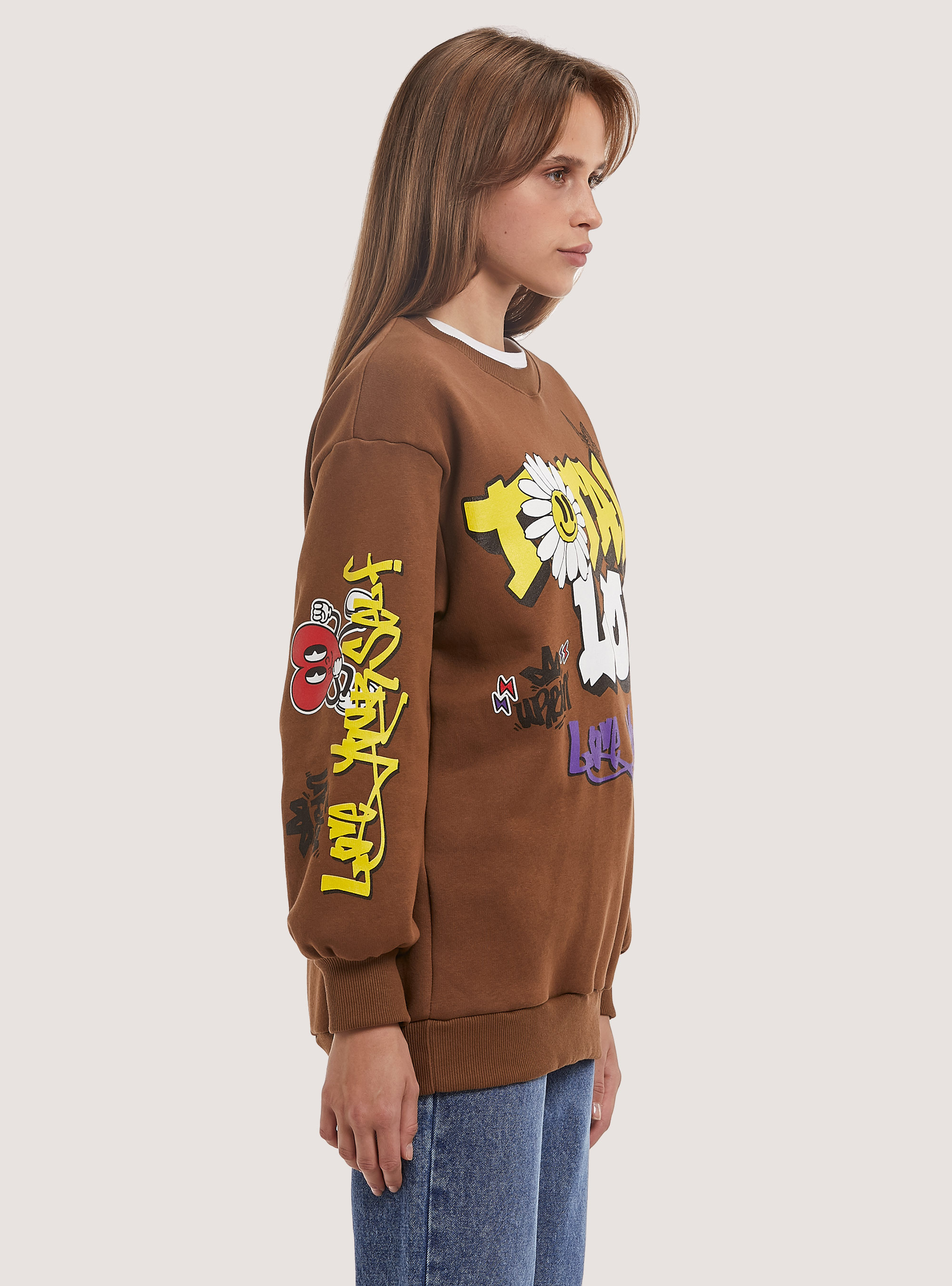 Felpa girocollo e stampa total love, BG2 BEIGE MEDIUM