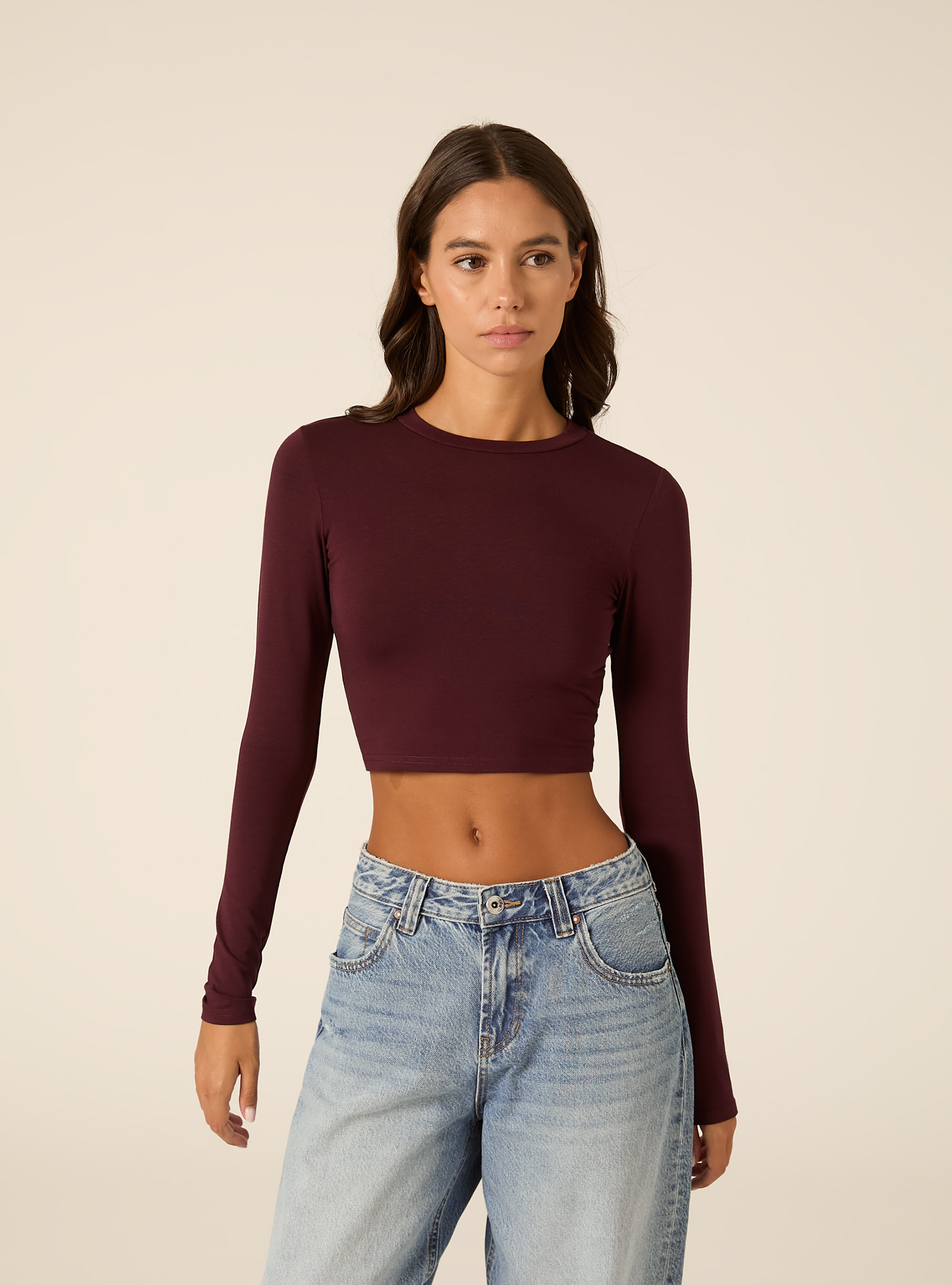 Maglia crop a maniche lunghe, BO1 BORDEAUX DARK