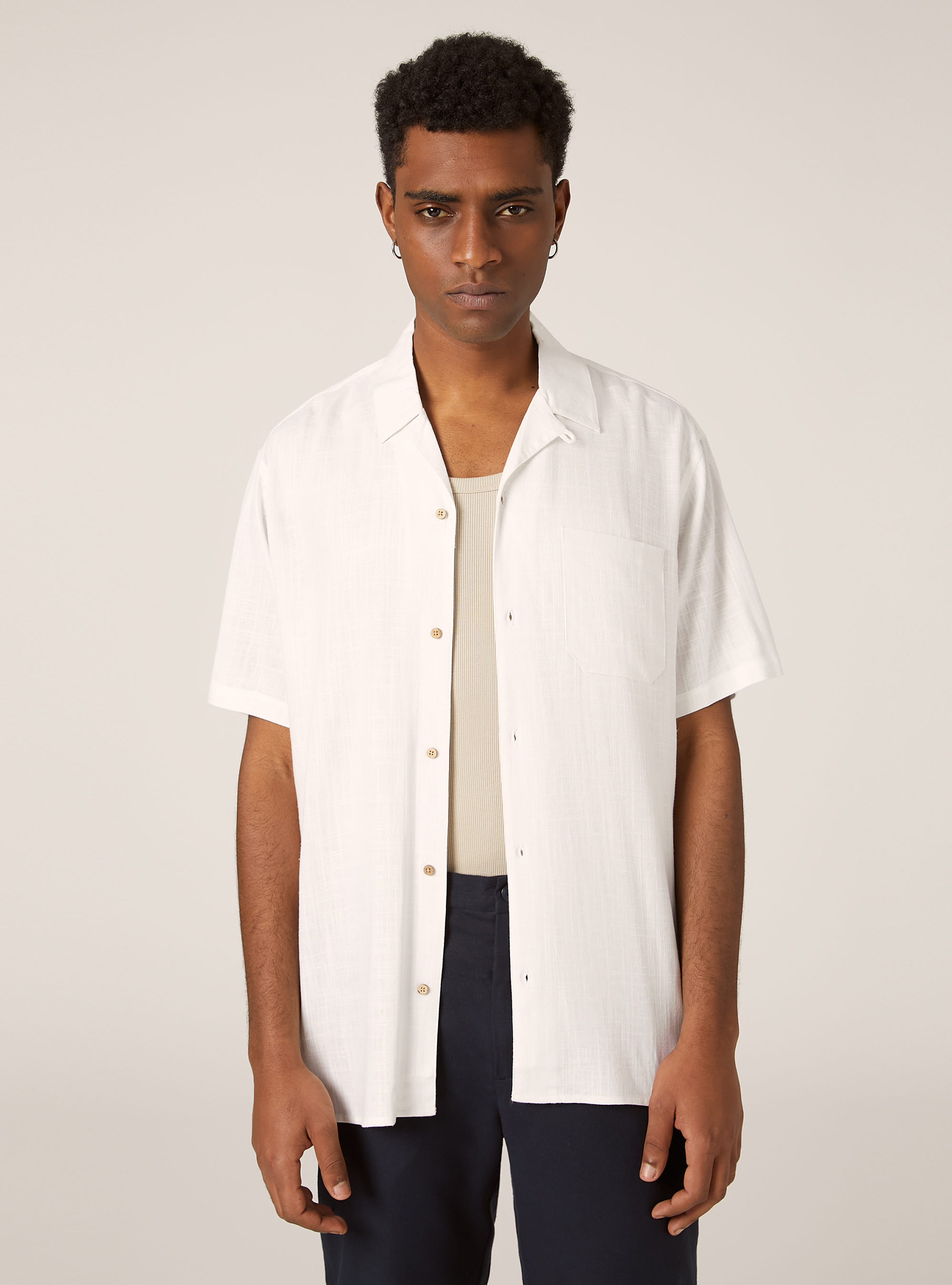 Camicia in misto lino con collo bowling, WH1 OFF WHITE