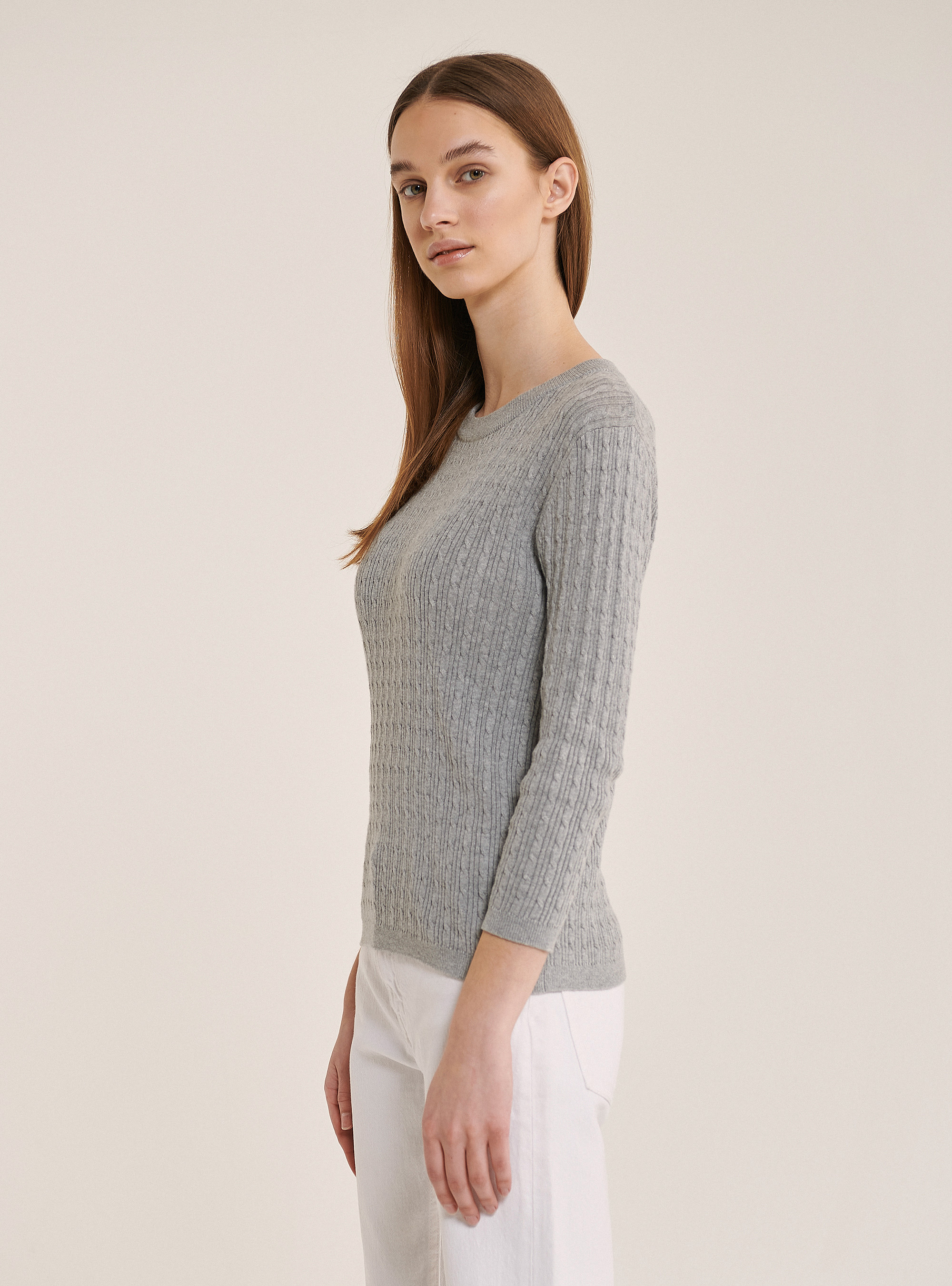 Jersey de cuello redondo con tejido de ochos, GRIS CLARO MELANGE