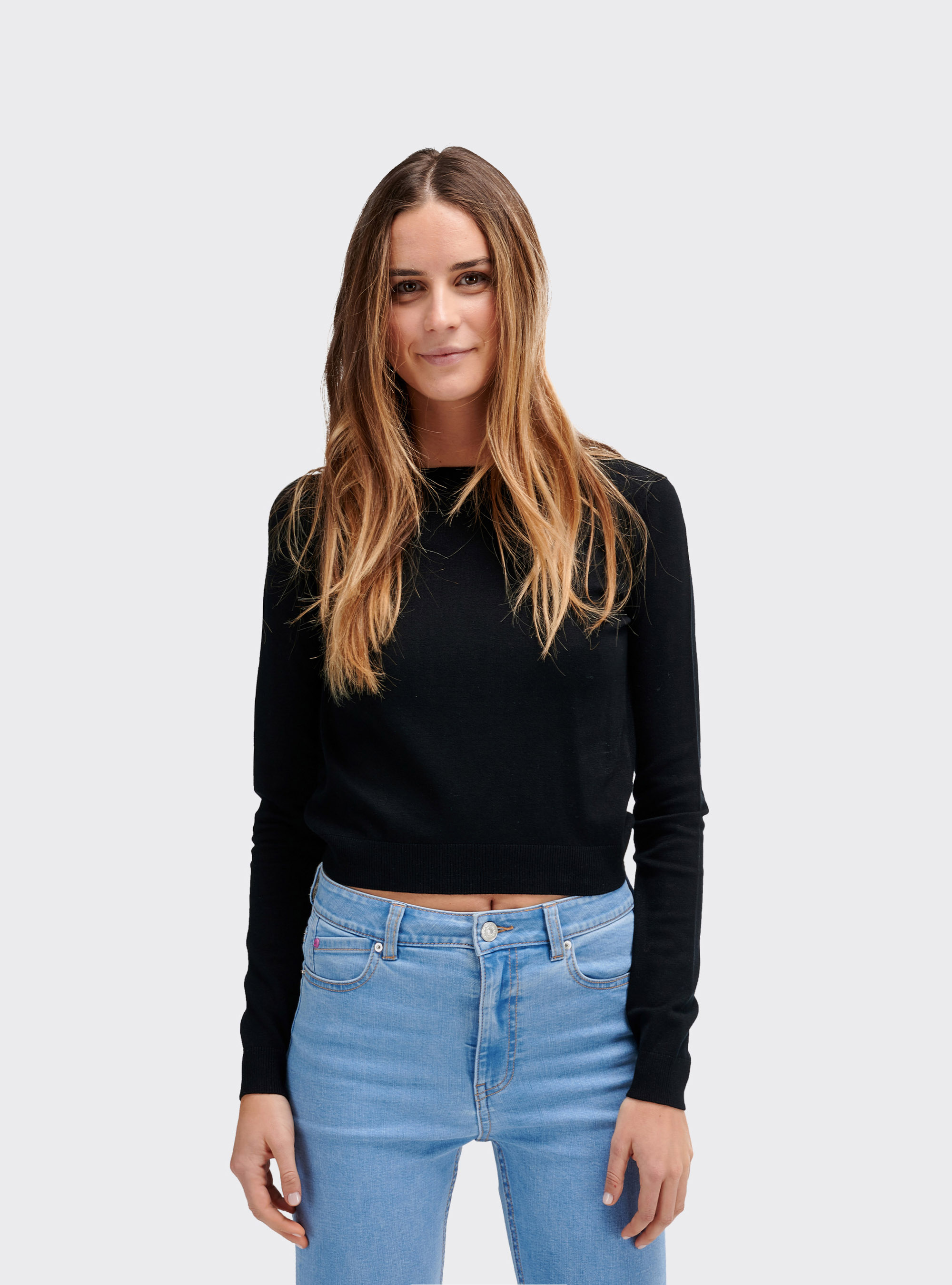 Cropped basic t-shirt with long sleeves, BLACK